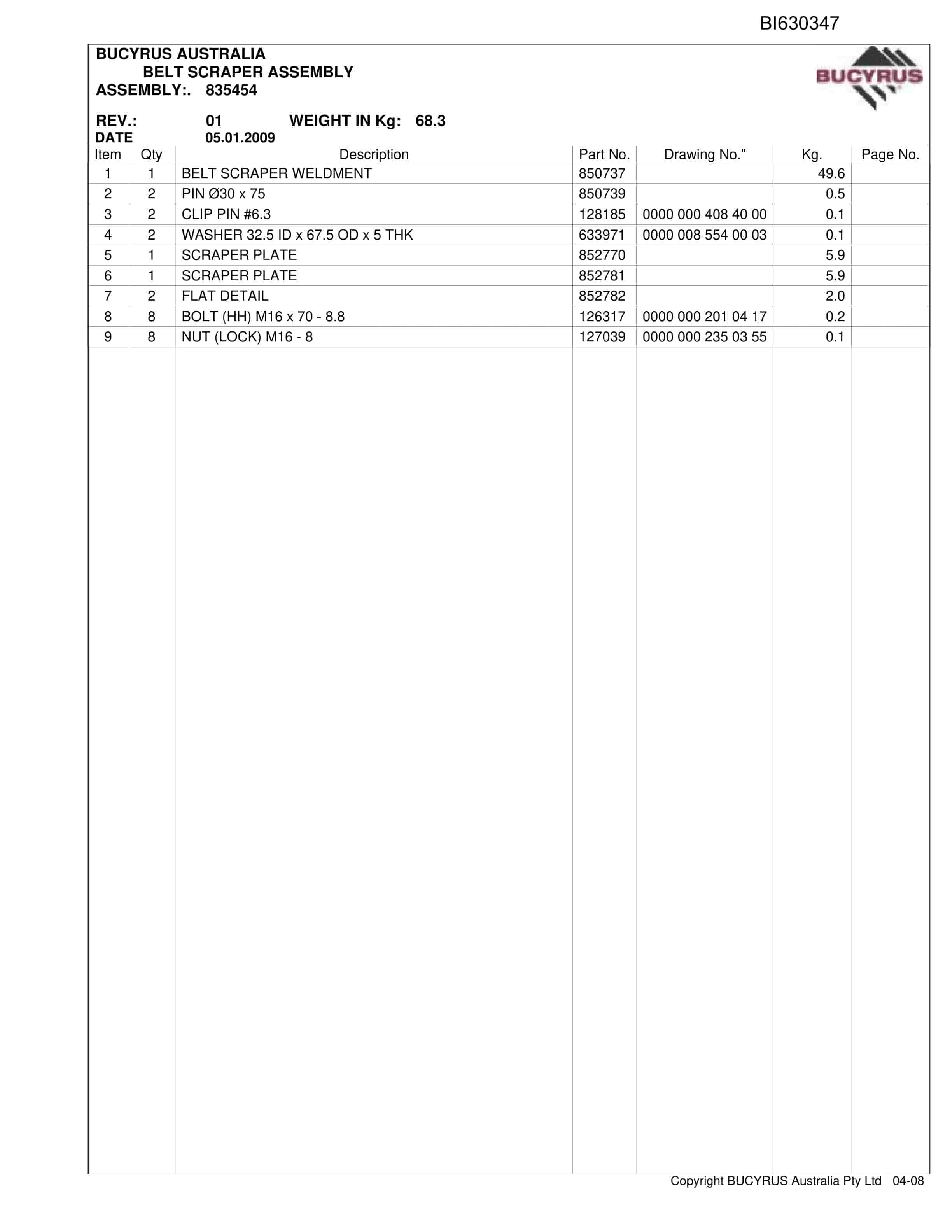 Bucyrus Integra Coal BSL And Bootend 2009 Parts Catalog BI630347-3
