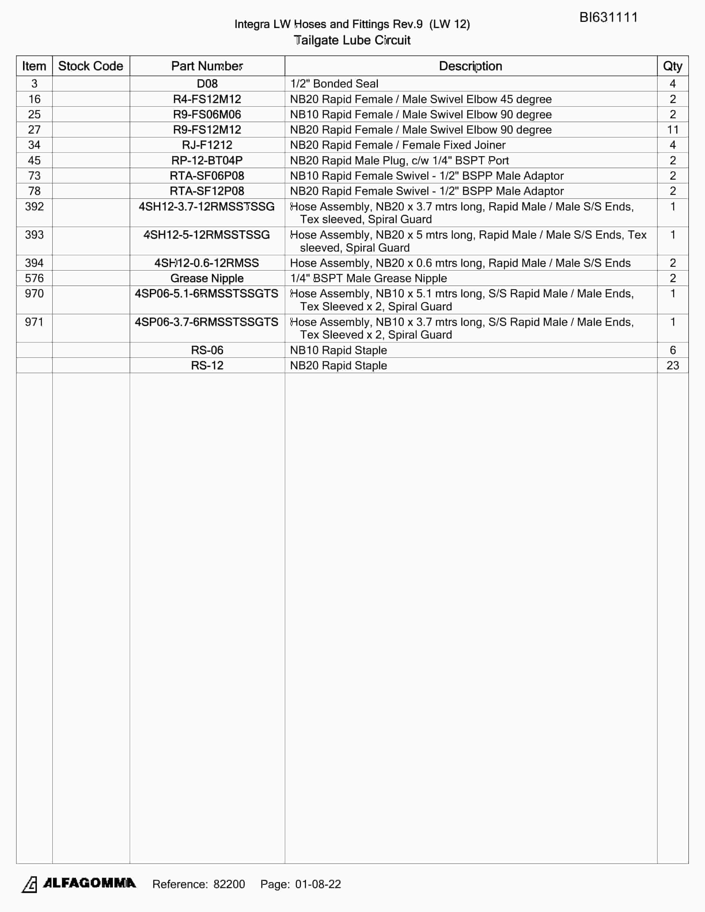 Bucyrus Integra LW Hoses And Fittings Parts Catalog BI631111-5