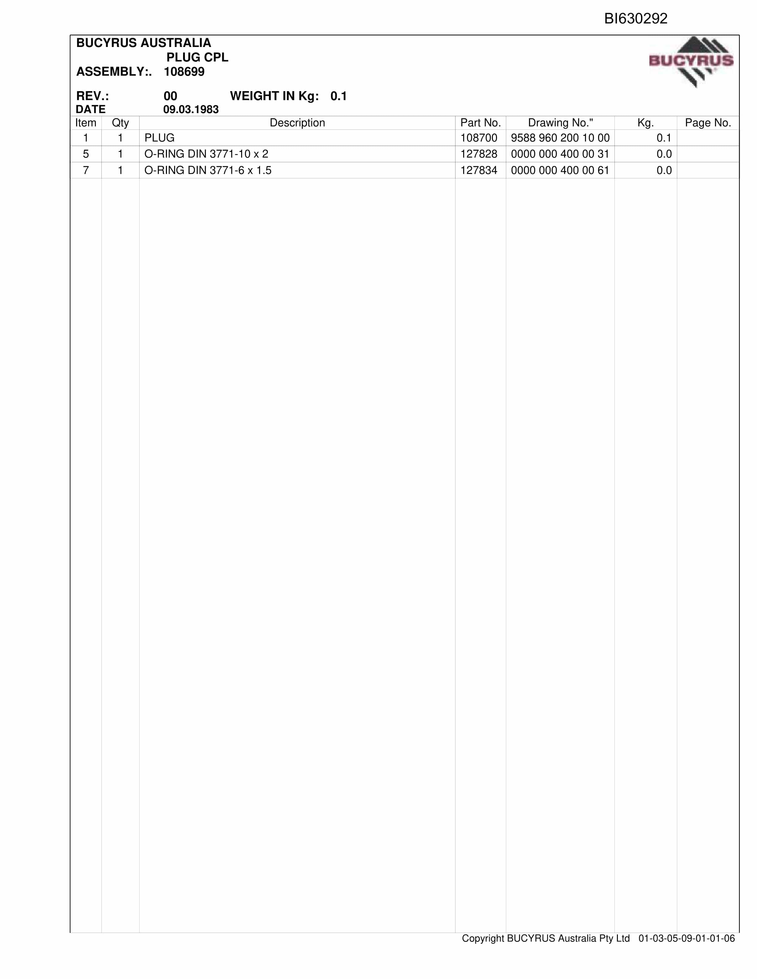 Bucyrus Kestrel AFC Set 1 2010 Parts Catalog BI630292-2