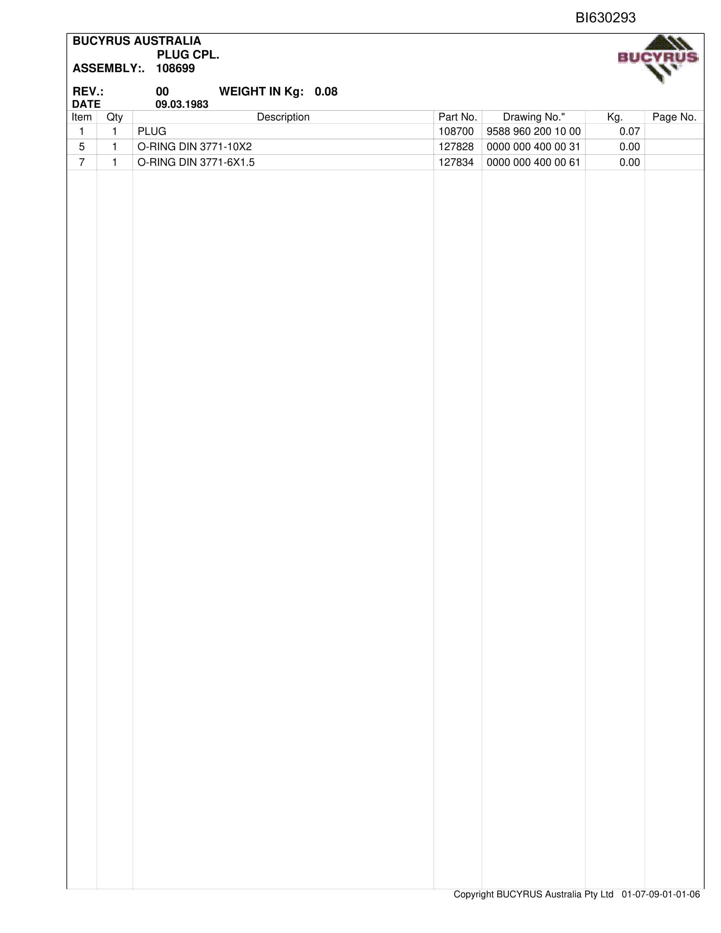 Bucyrus Kestrel AFC Set 2 2009 Parts Catalog BI630293-2