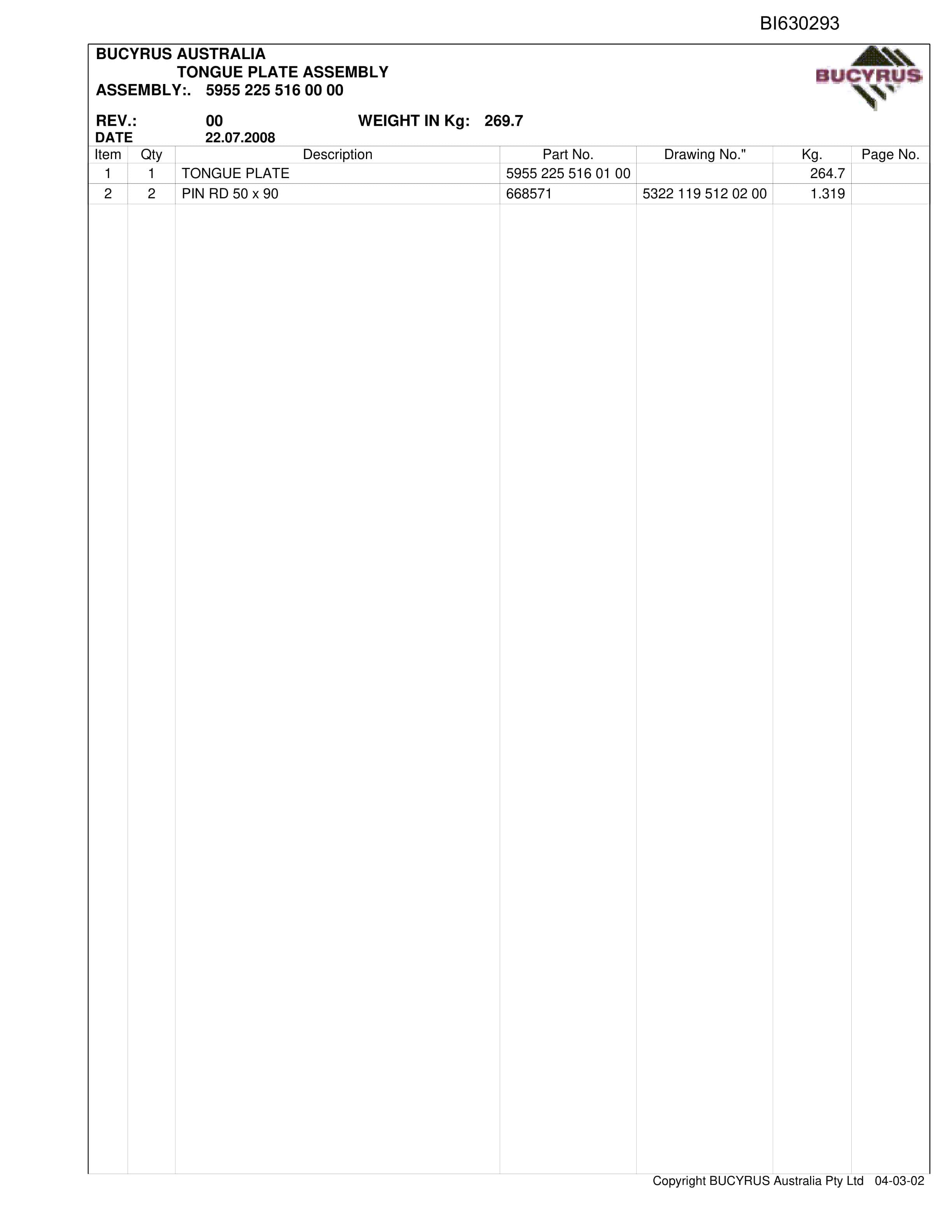 Bucyrus Kestrel AFC Set 2 2009 Parts Catalog BI630293-4