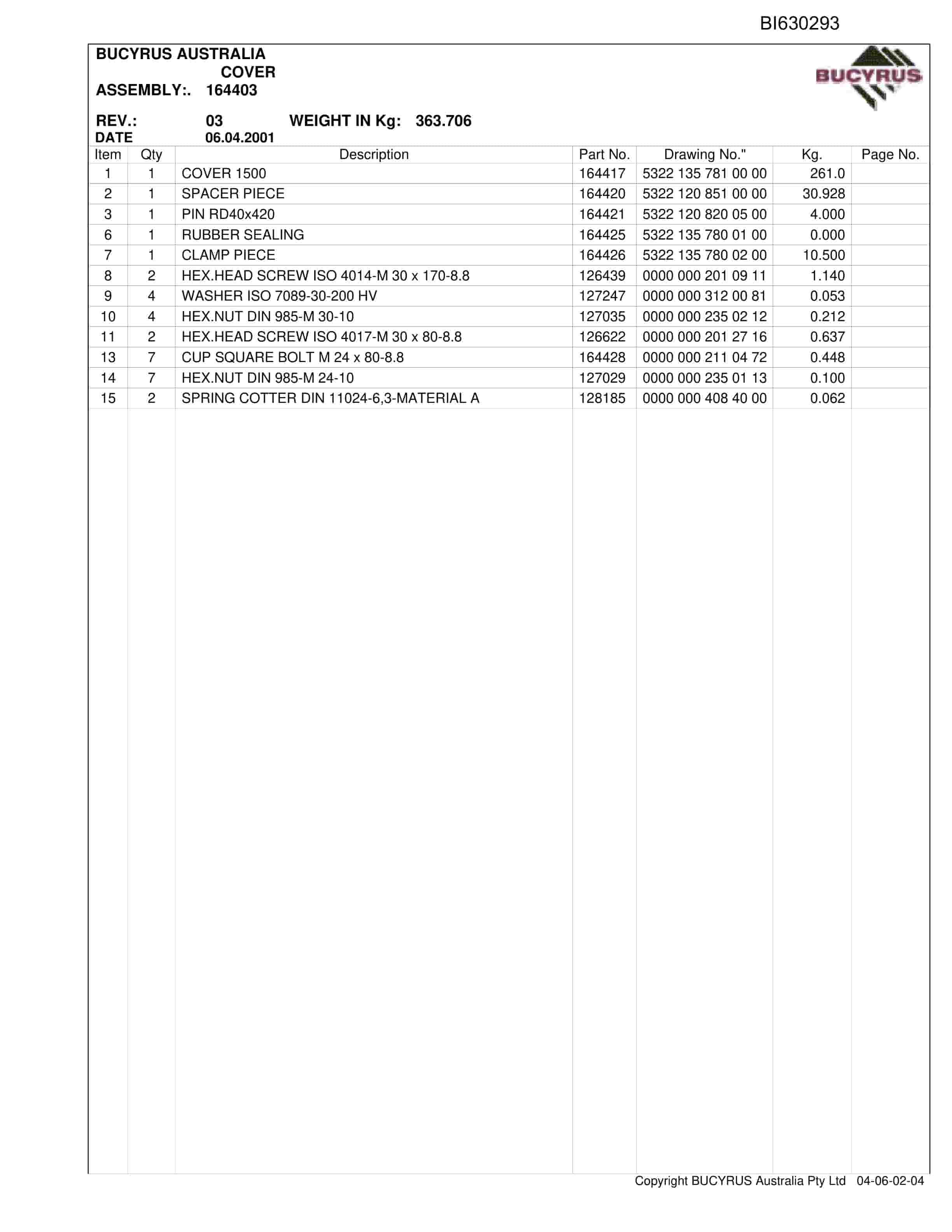 Bucyrus Kestrel AFC Set 2 2009 Parts Catalog BI630293-5