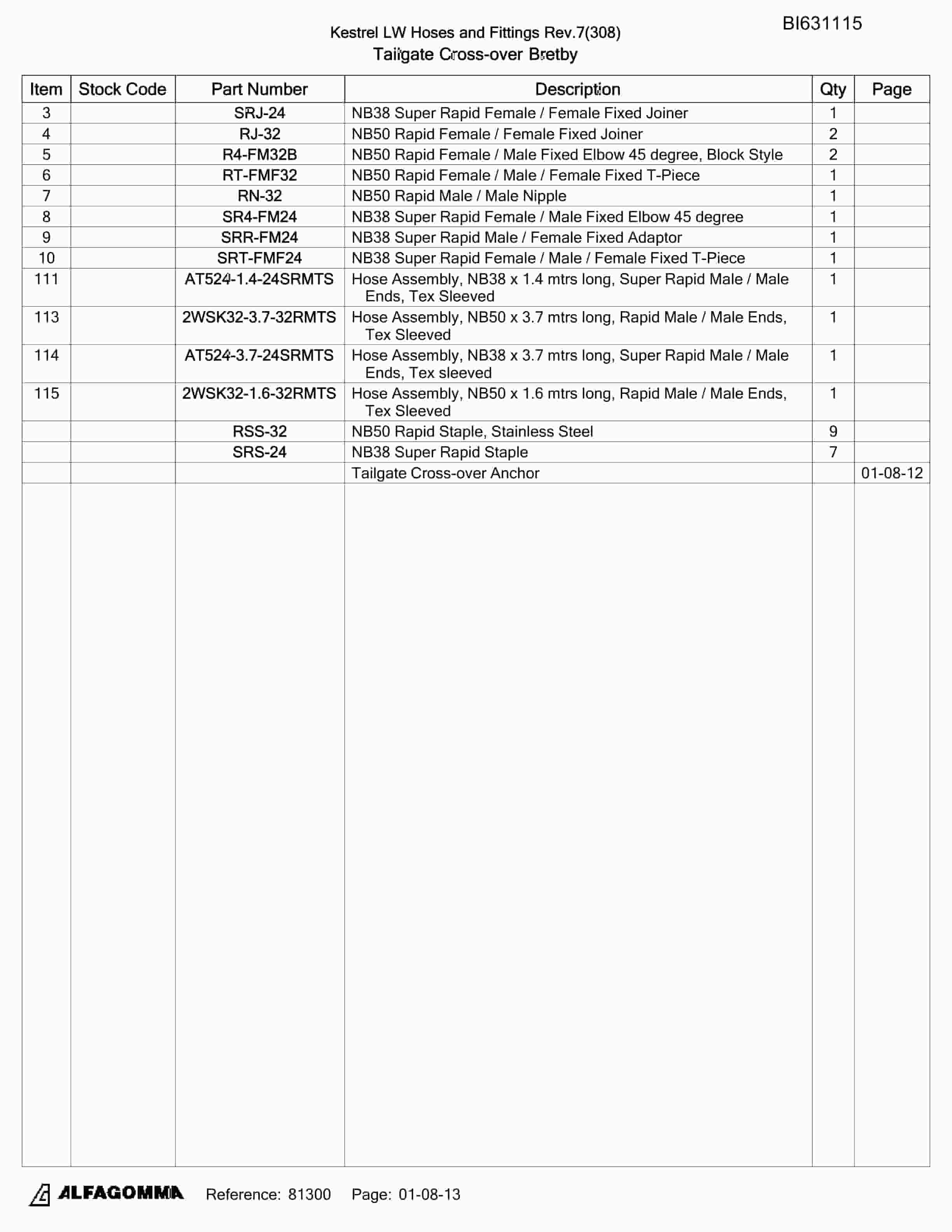 Bucyrus Kestrel LW Hoses And Fittings Parts Catalog BI631115-3