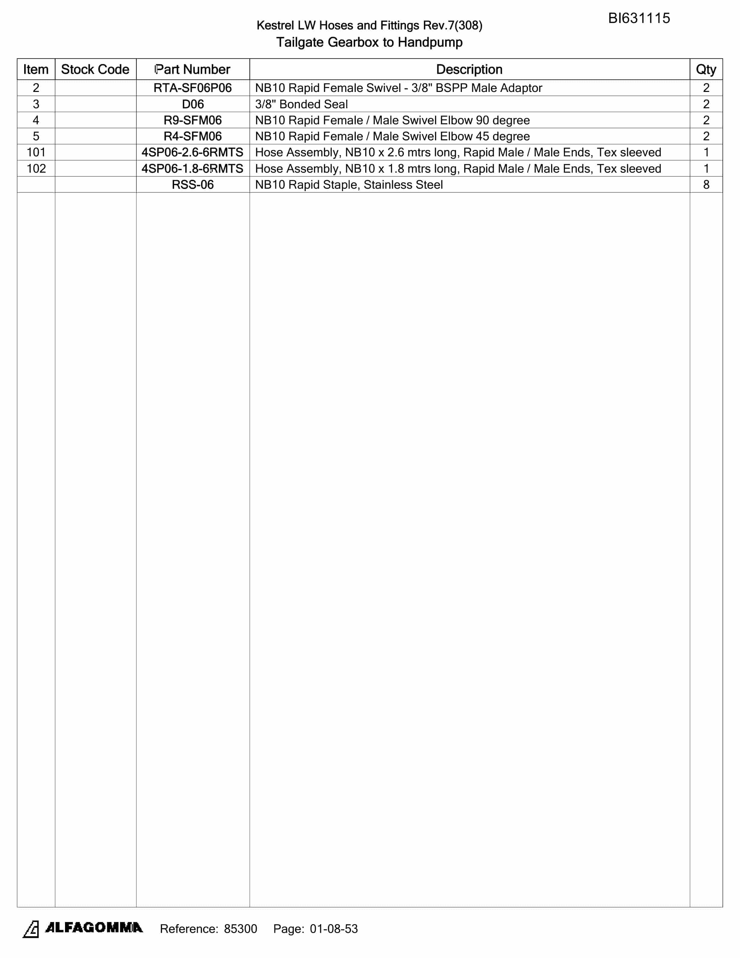Bucyrus Kestrel LW Hoses And Fittings Parts Catalog BI631115-4