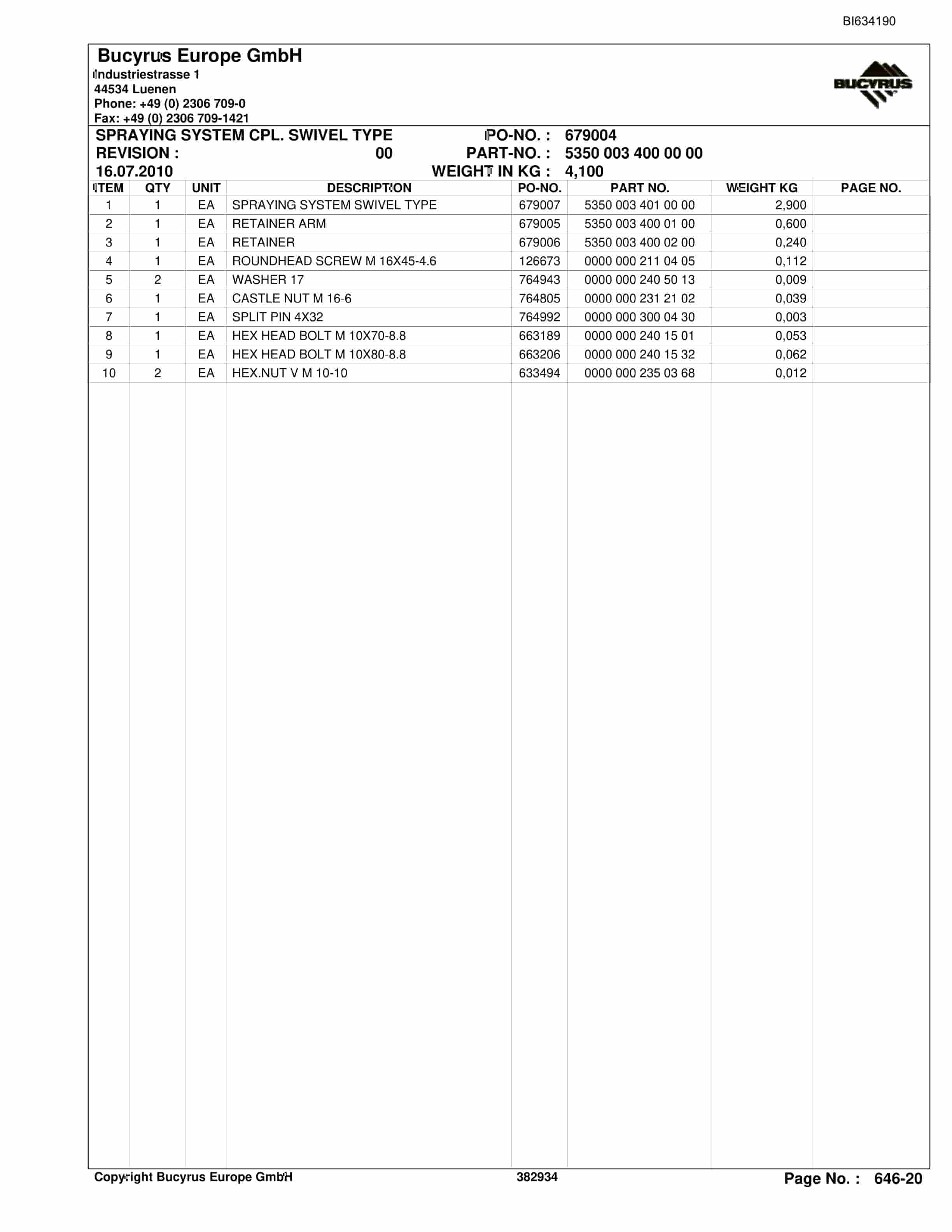 Bucyrus KUSHIRO BSL PF280V-880 Parts Catalog BI634190-3