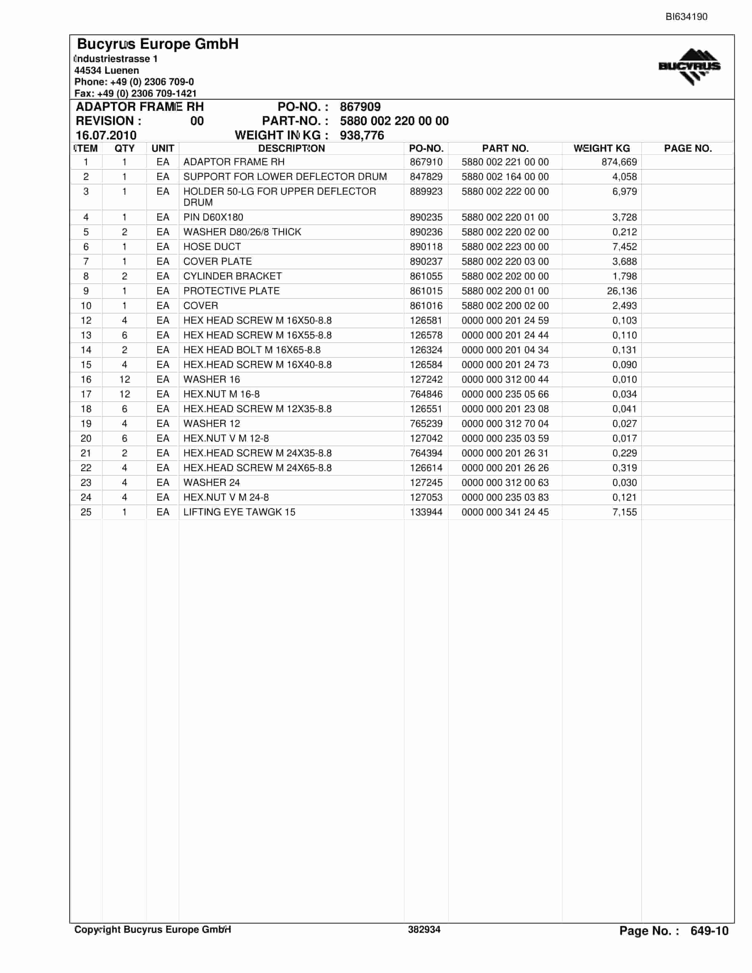 Bucyrus KUSHIRO BSL PF280V-880 Parts Catalog BI634190-4