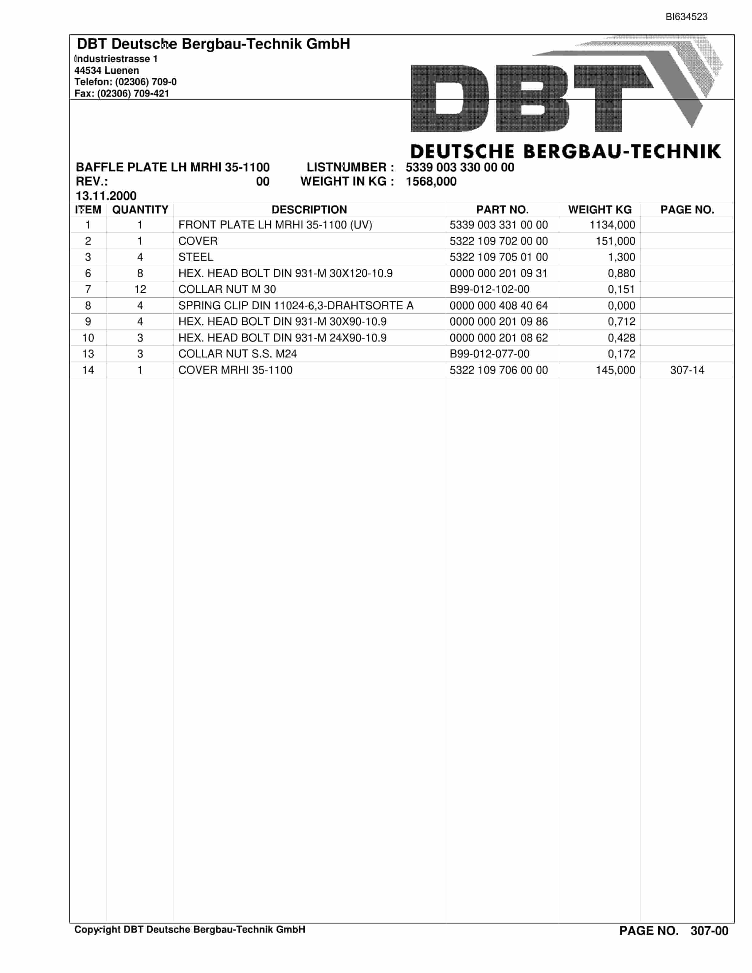 Bucyrus KUSHIRO P2 Face Conveyor-Beam Stage Loader PF4-1132 (Right Hand) Parts Catalog BI634523-4