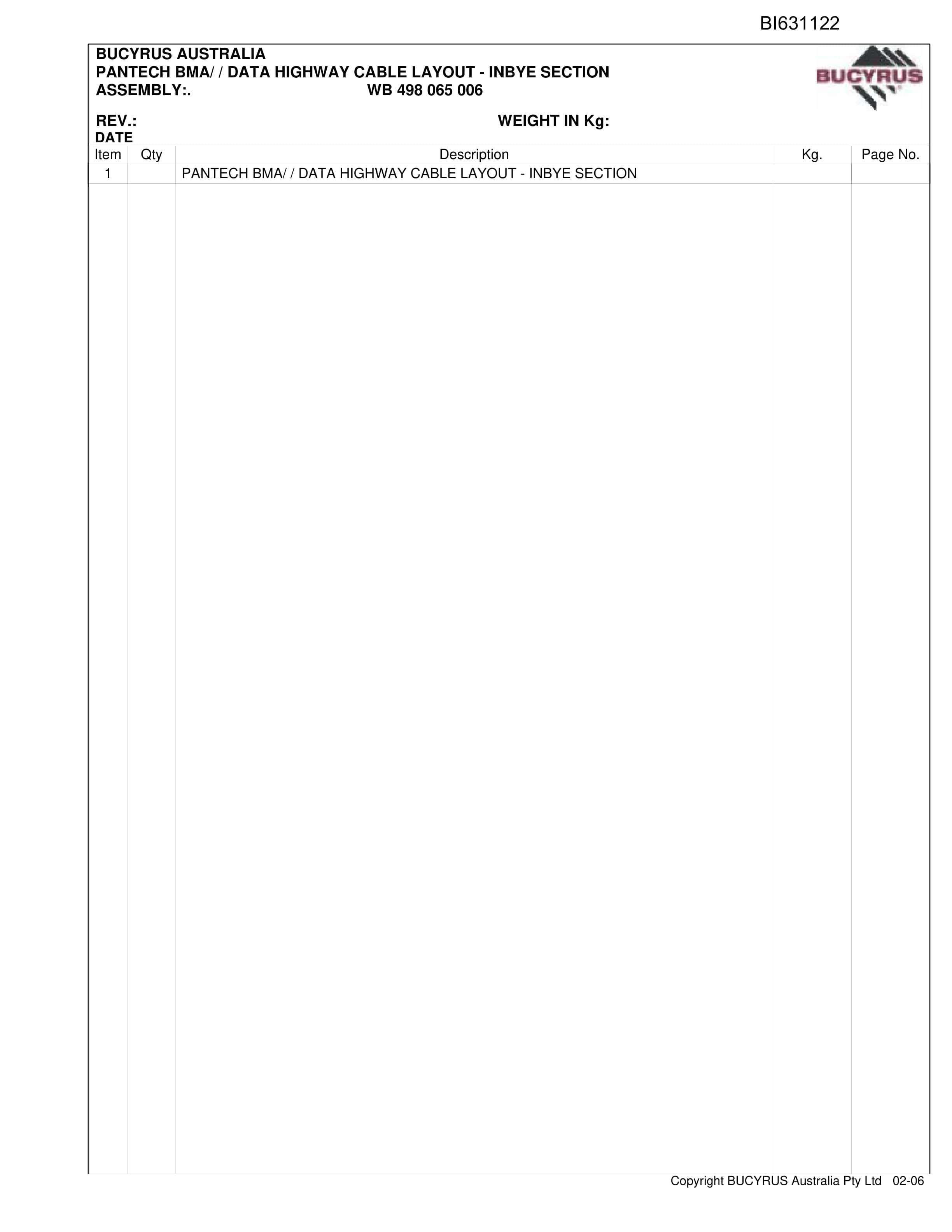 Bucyrus Layout Drawings Helensburgh Parts Catalog BI631122-4