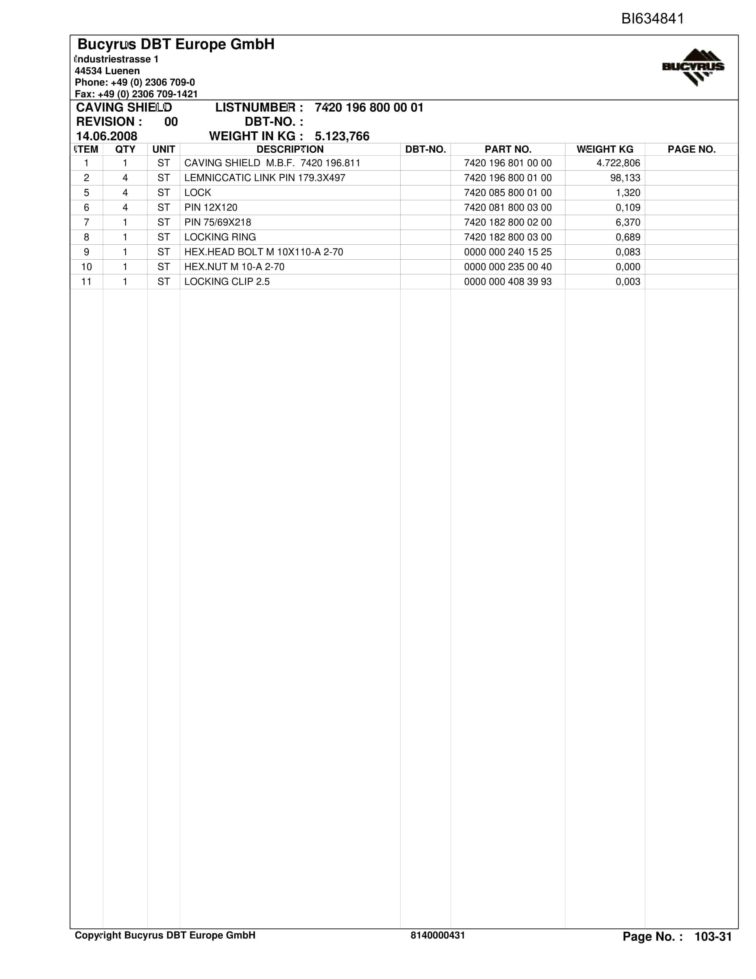 Bucyrus LAZY-SHEAR Roof Support A. Supply Parts Catalog BI634841-3