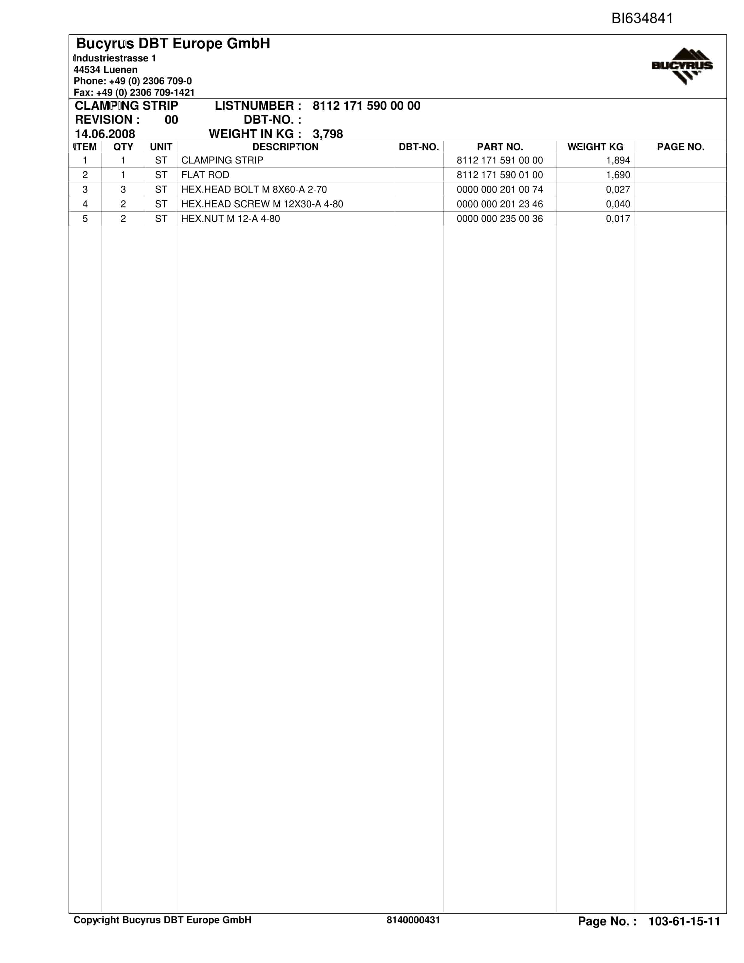 Bucyrus LAZY-SHEAR Roof Support A. Supply Parts Catalog BI634841-5