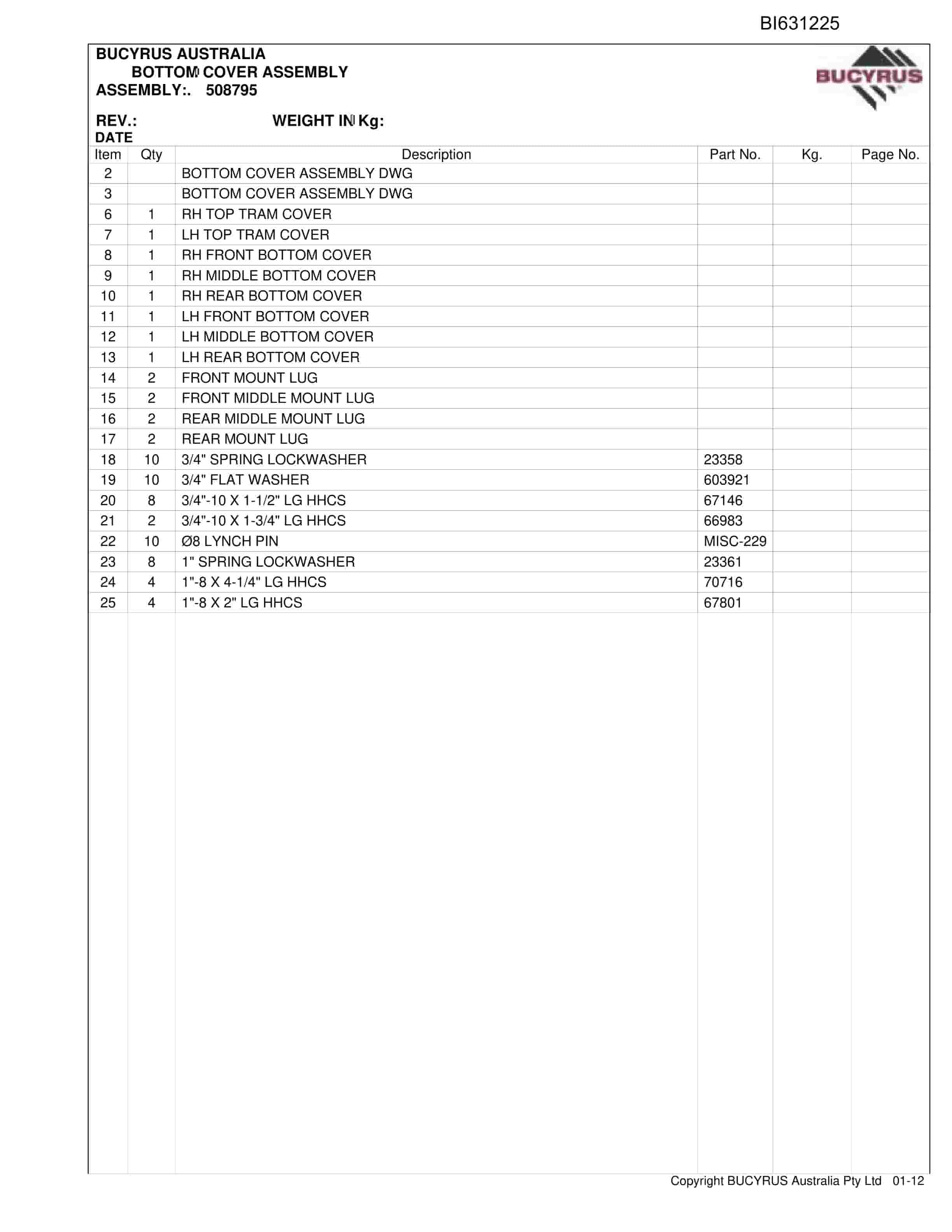 Bucyrus LDO 30MB3 Miner 2012 Parts Catalog BI631225-3