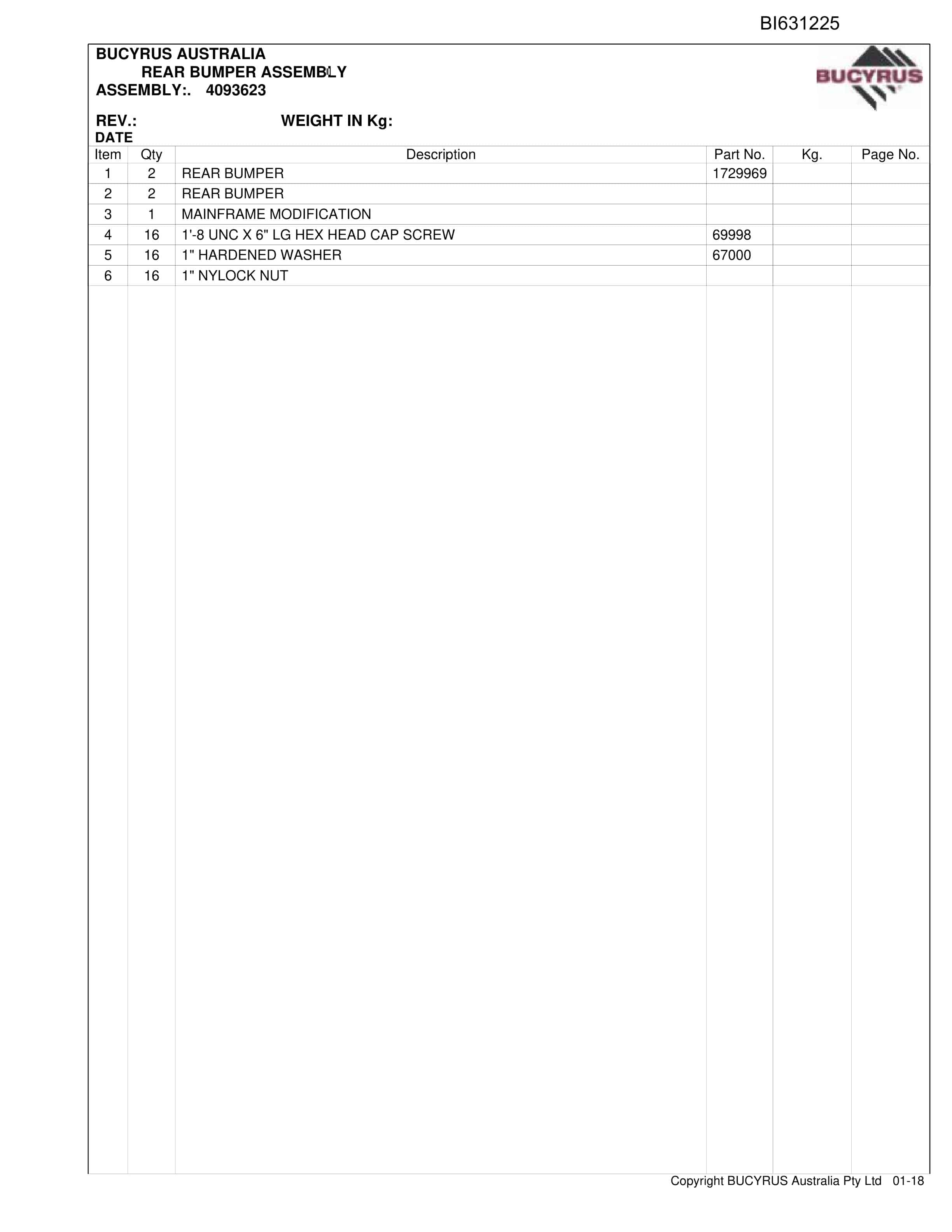 Bucyrus LDO 30MB3 Miner 2012 Parts Catalog BI631225-4
