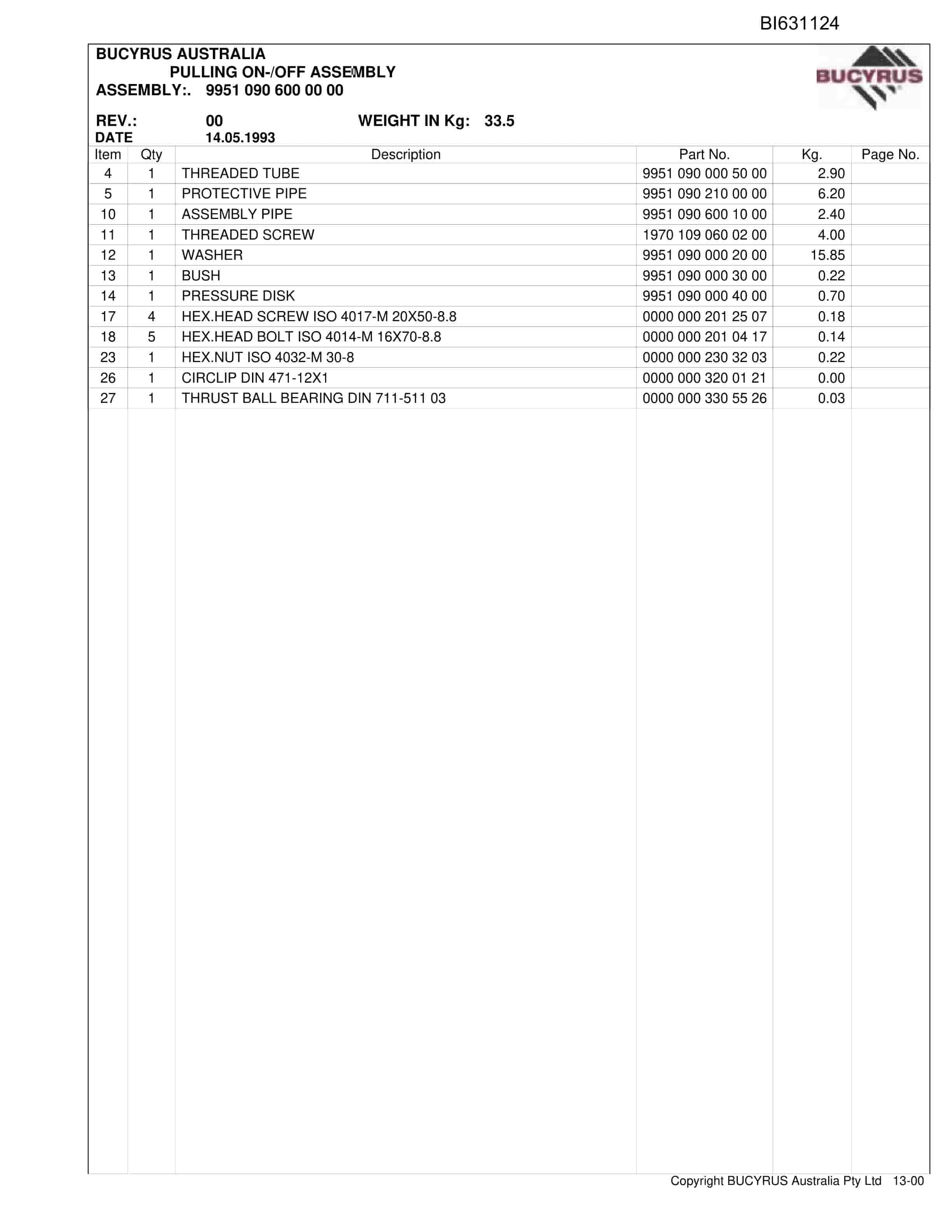 Bucyrus Longwall Accessories 2008 Parts Catalog BI631124-5