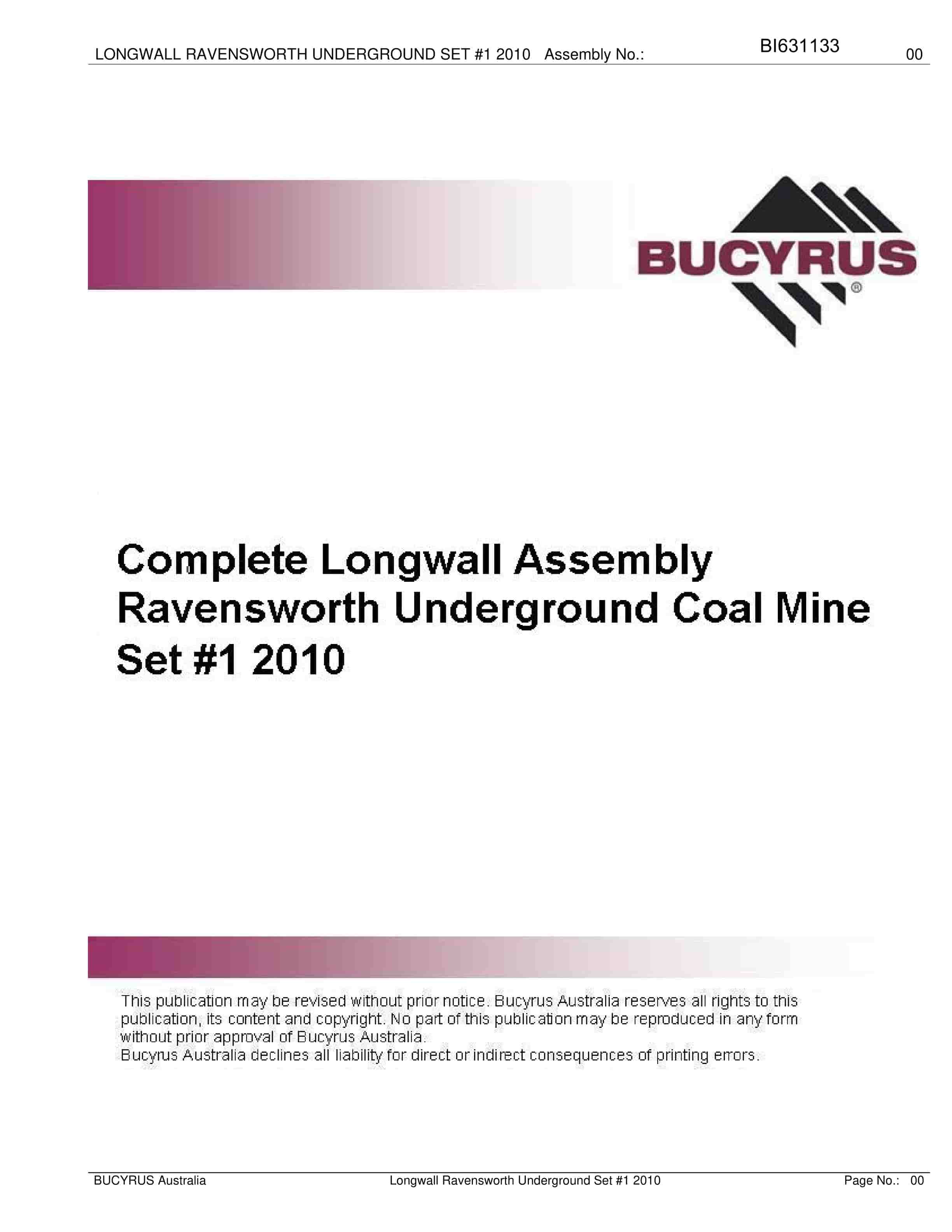Bucyrus Longwall Ravensworth Underground Set 1 2010 Parts Catalog BI631133