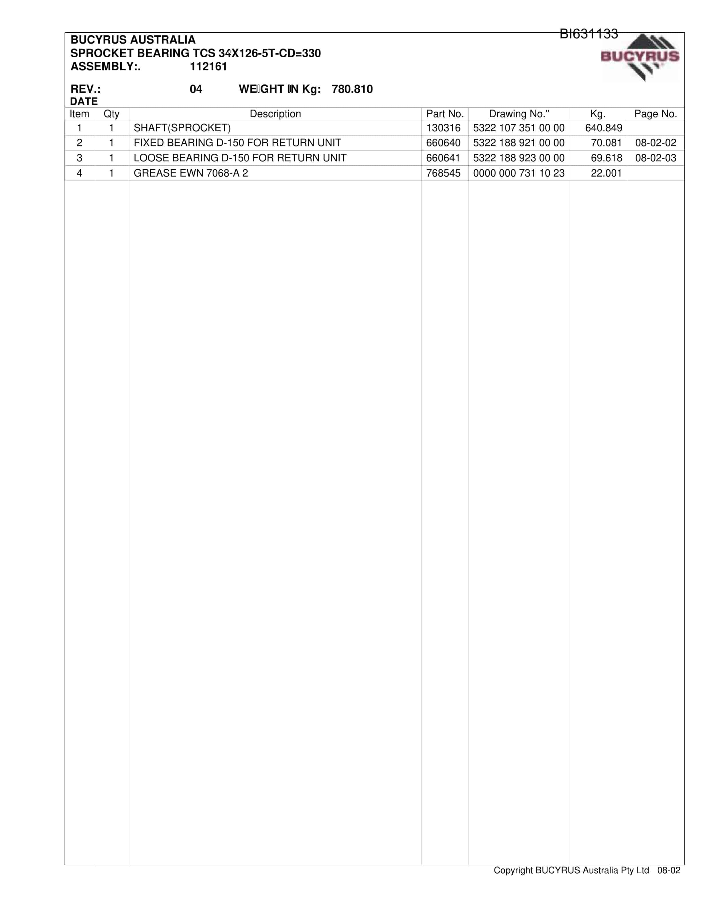 Bucyrus Longwall Ravensworth Underground Set 1 2010 Parts Catalog BI631133-2