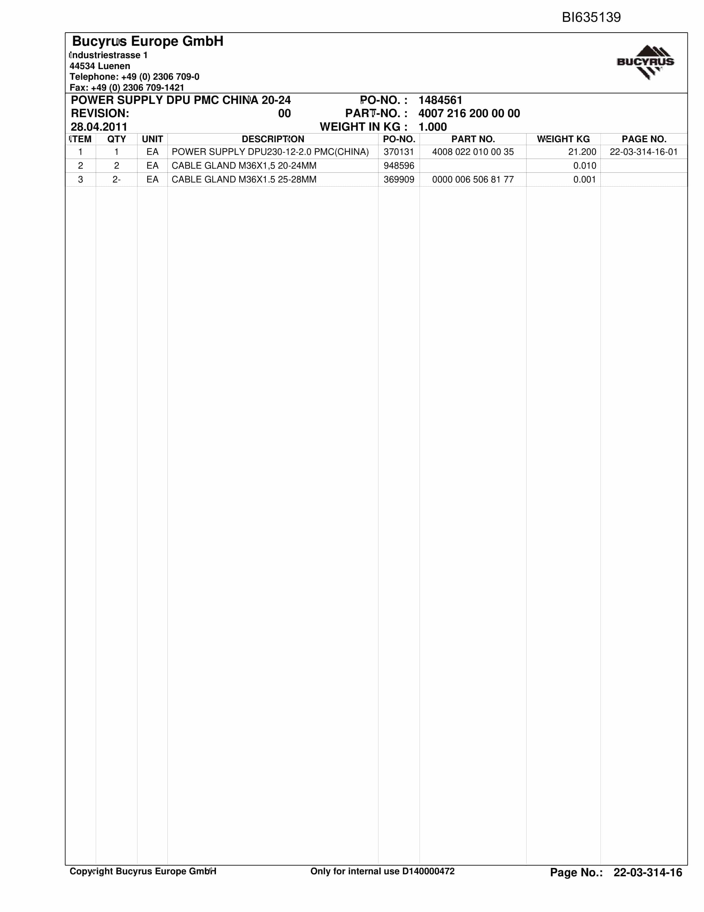 Bucyrus LTCC Conveyor System XIEGOU II Parts Catalog BI635139-5