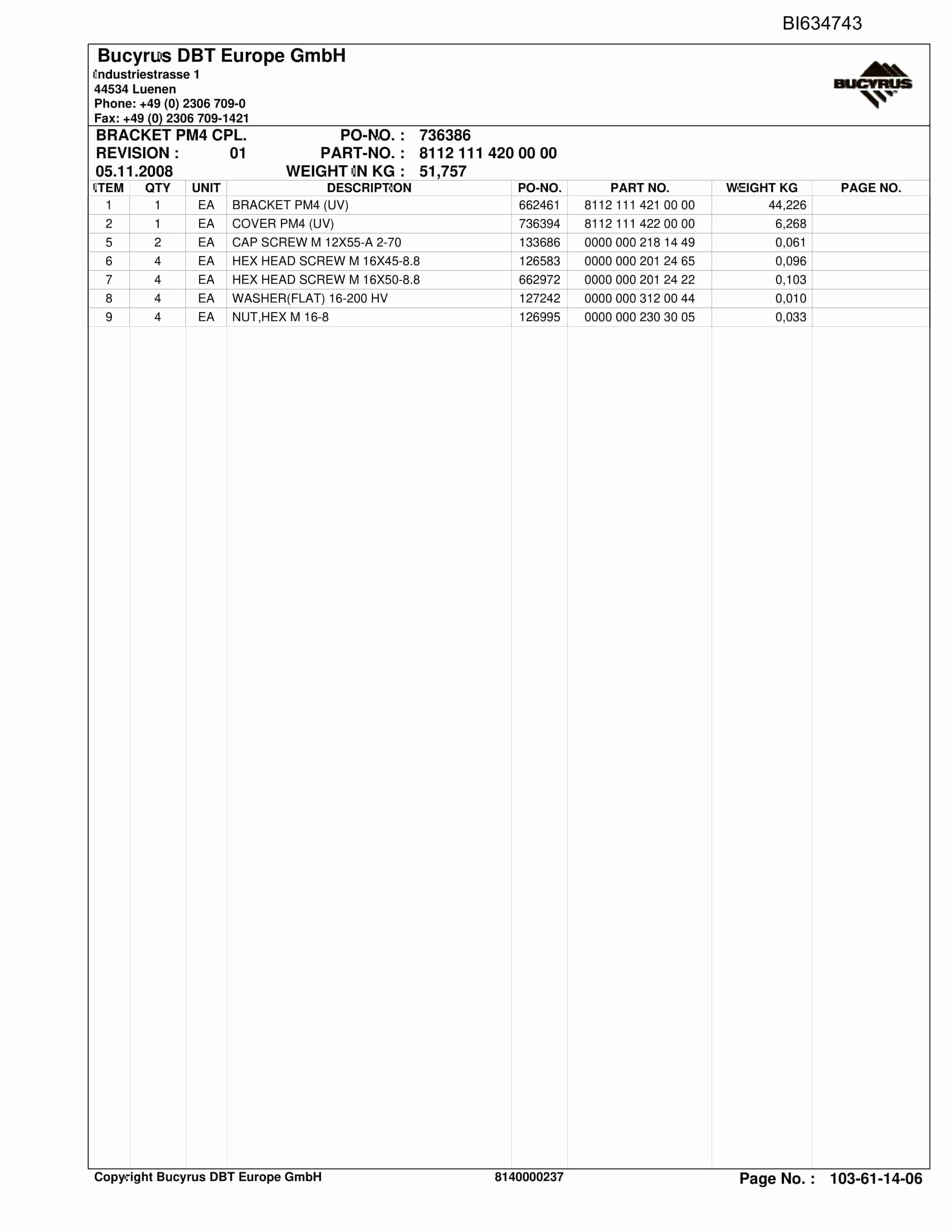 Bucyrus MATLA Roof Support And ACESSORIES Parts Catalog BI634743-5