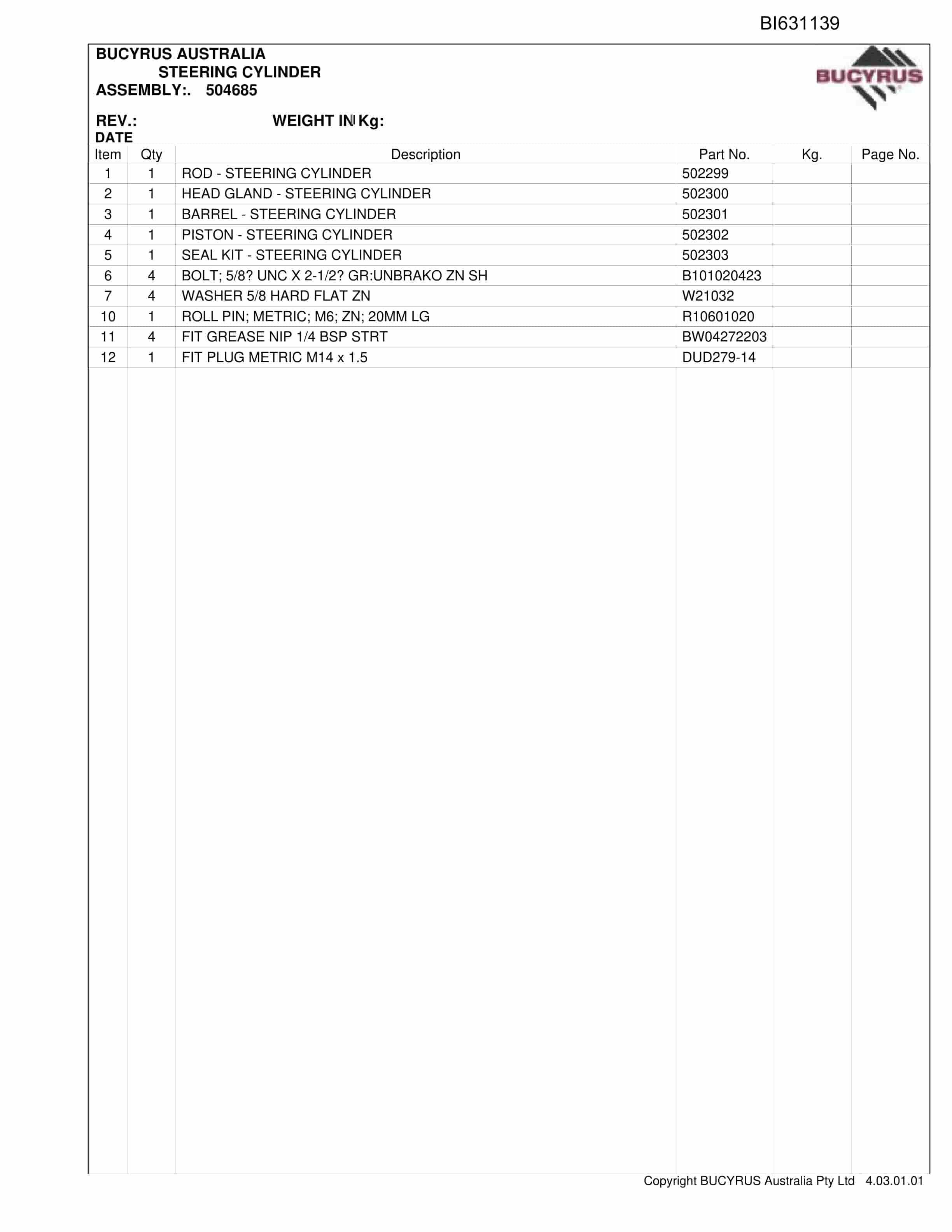 Bucyrus MH40 Delta SBD Parts Catalog BI631139-2