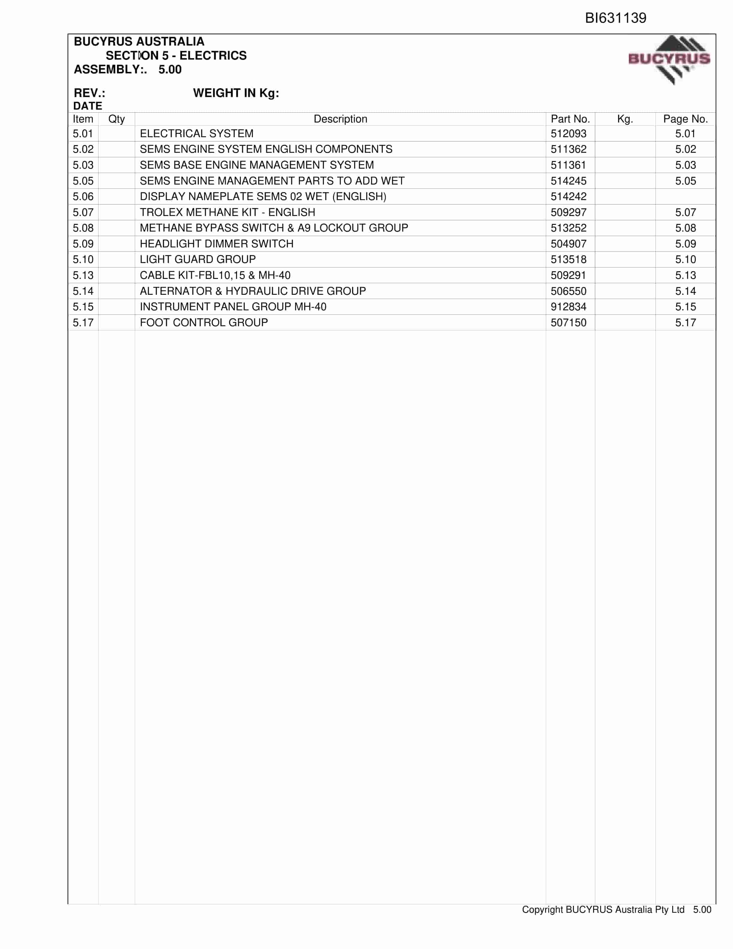Bucyrus MH40 Delta SBD Parts Catalog BI631139-3