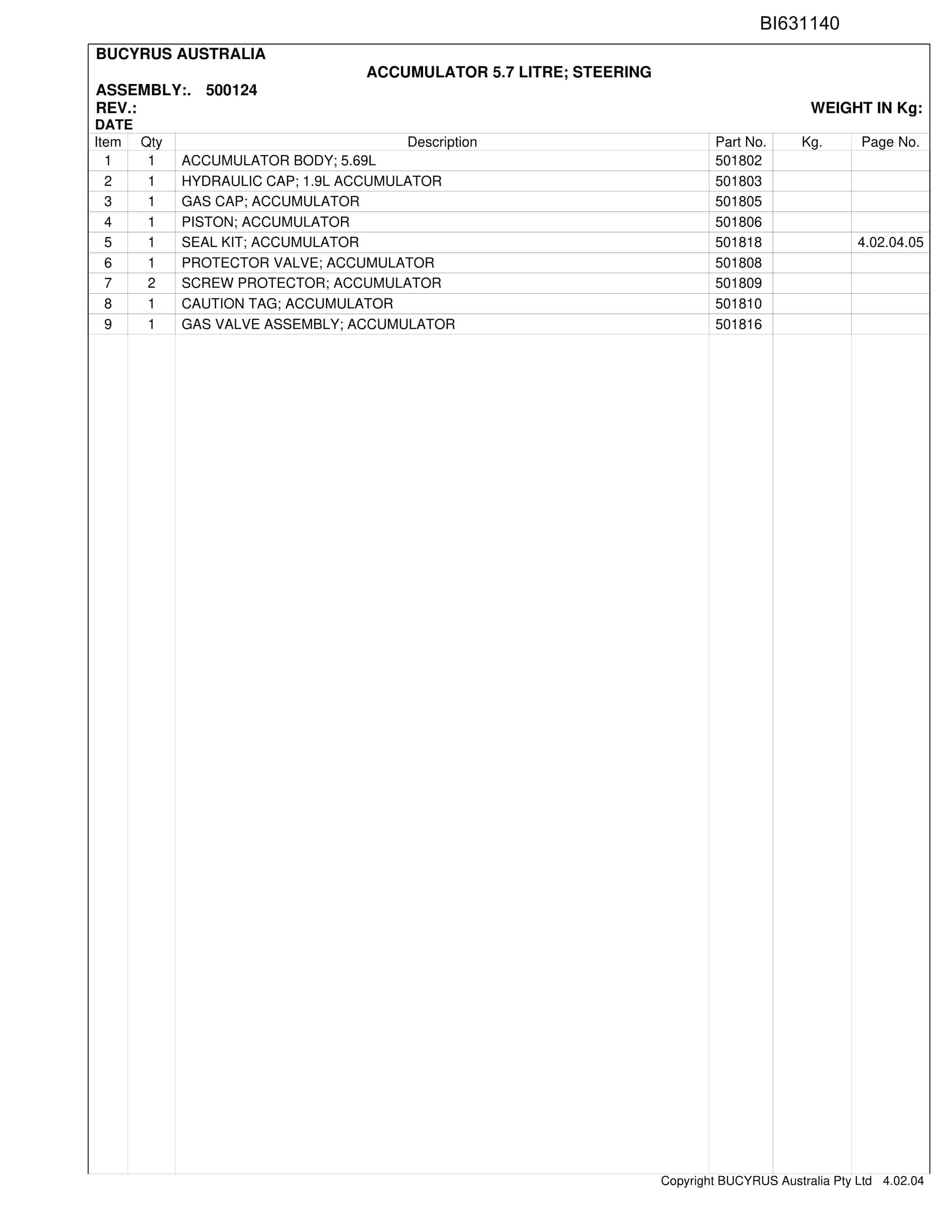 Bucyrus MH40 Shield Hauler Parts Catalog BI631140-2