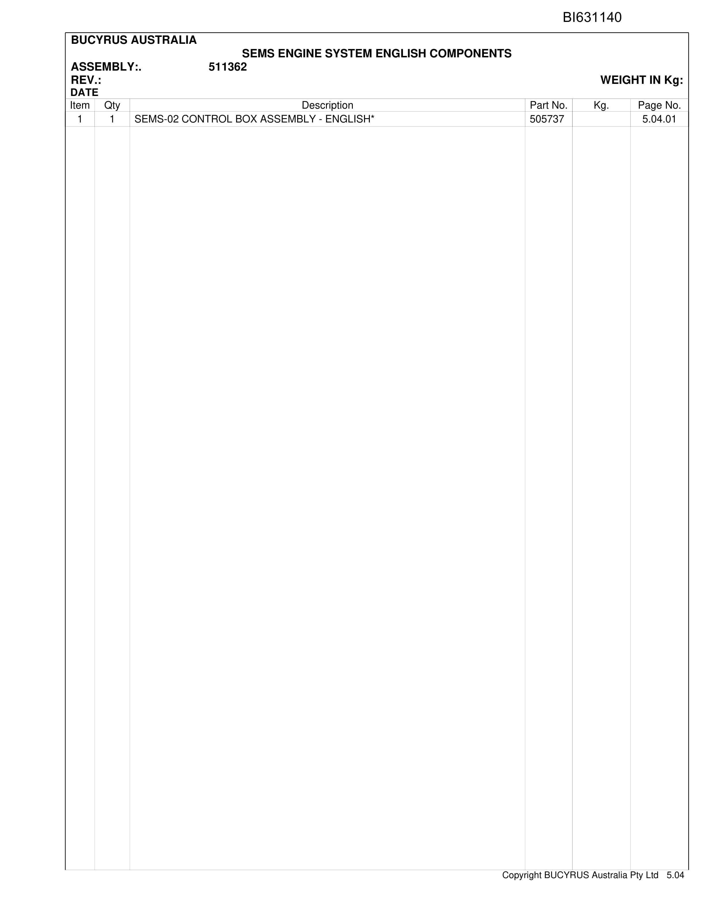 Bucyrus MH40 Shield Hauler Parts Catalog BI631140-3