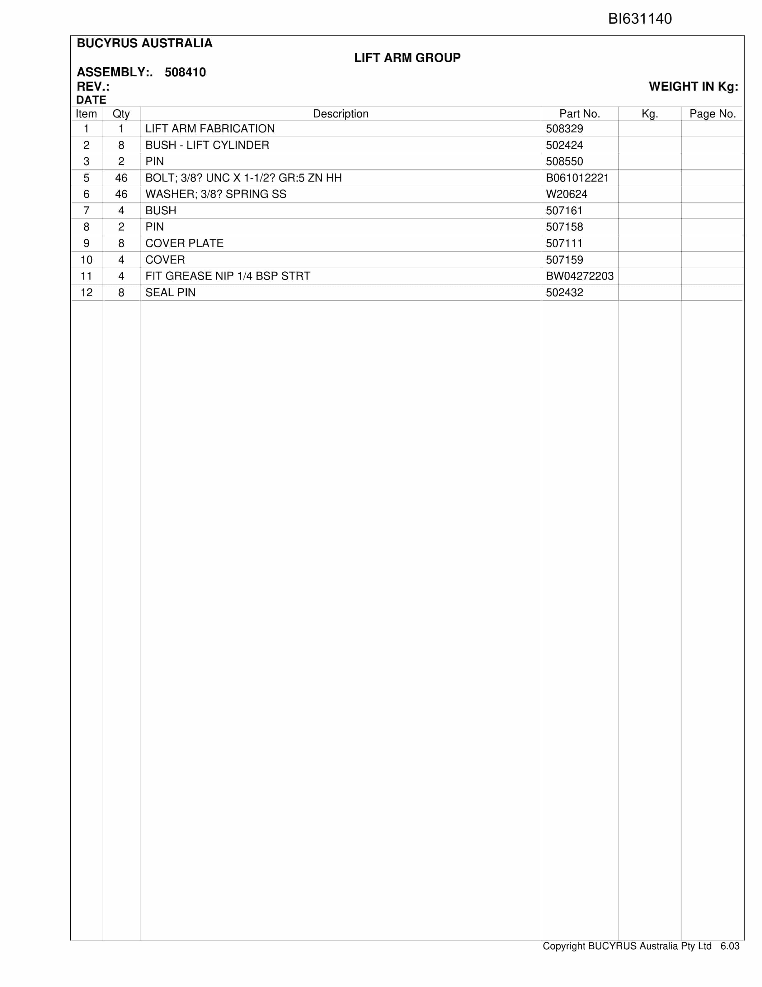 Bucyrus MH40 Shield Hauler Parts Catalog BI631140-5