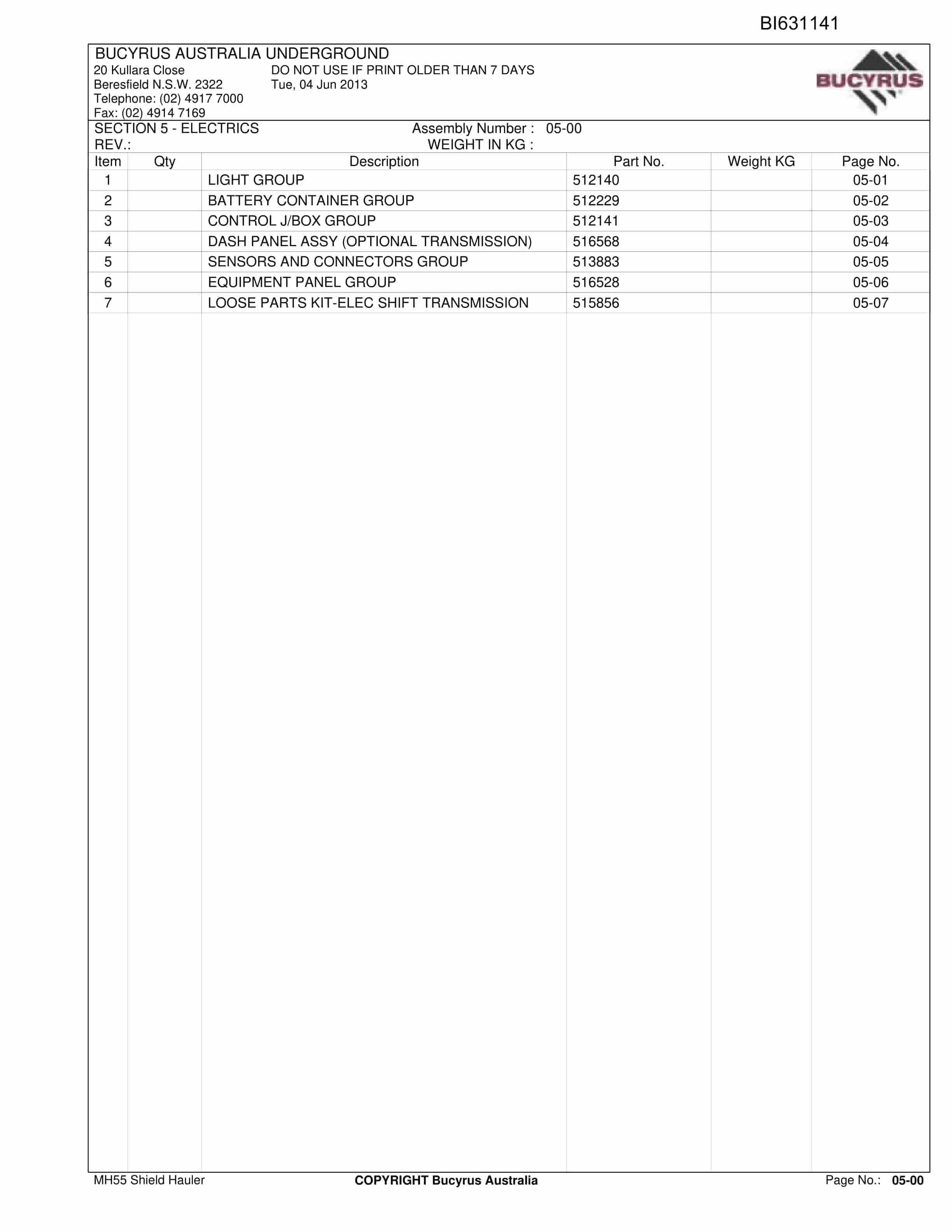 Bucyrus MH55 Shield Hauler Parts Catalog BI631141-3