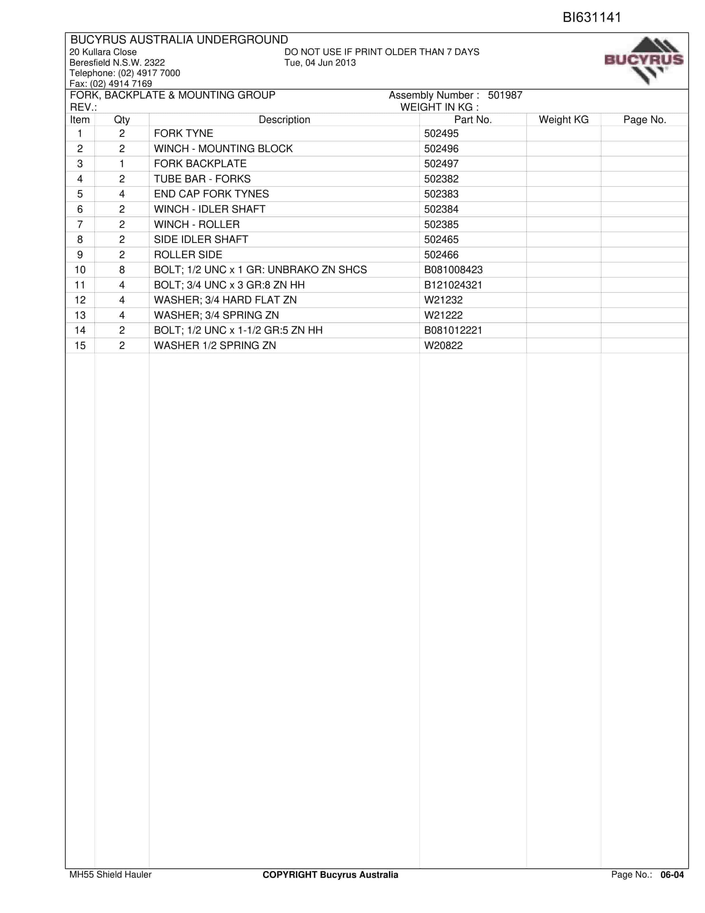 Bucyrus MH55 Shield Hauler Parts Catalog BI631141-5