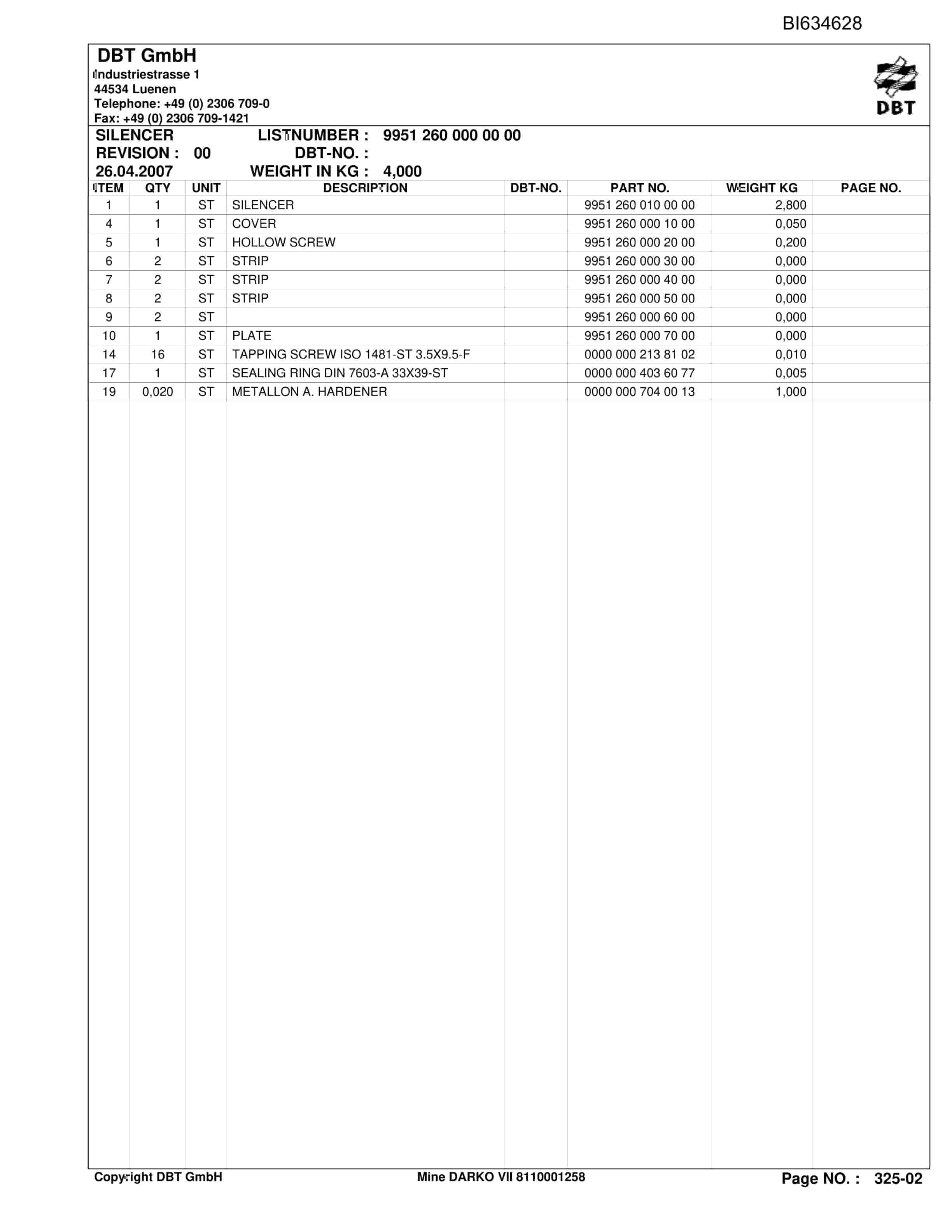 Bucyrus Mine DARKO VII Parts Catalog BI634628-4