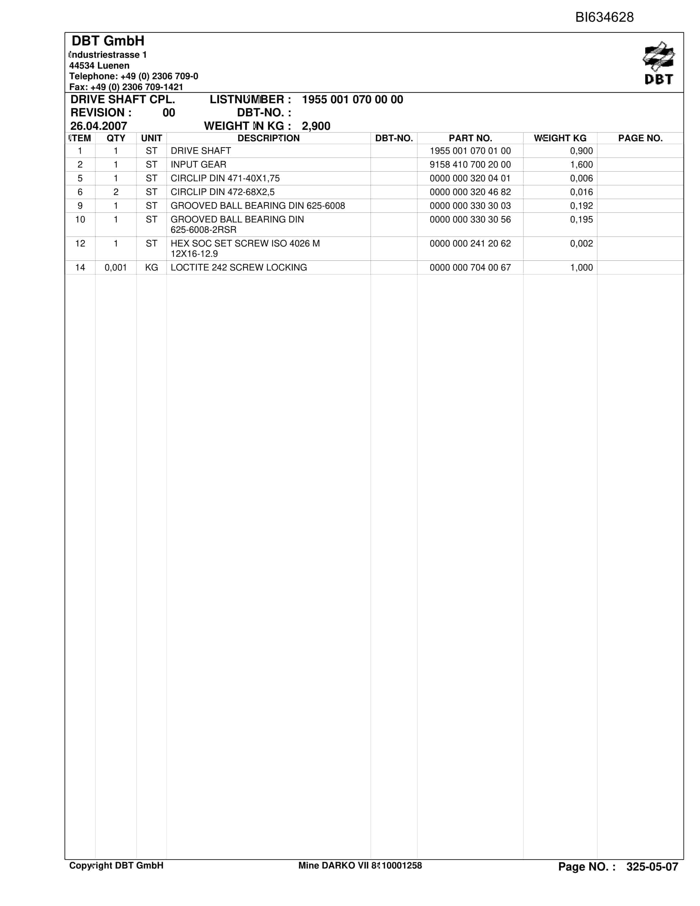 Bucyrus Mine DARKO VII Parts Catalog BI634628-5