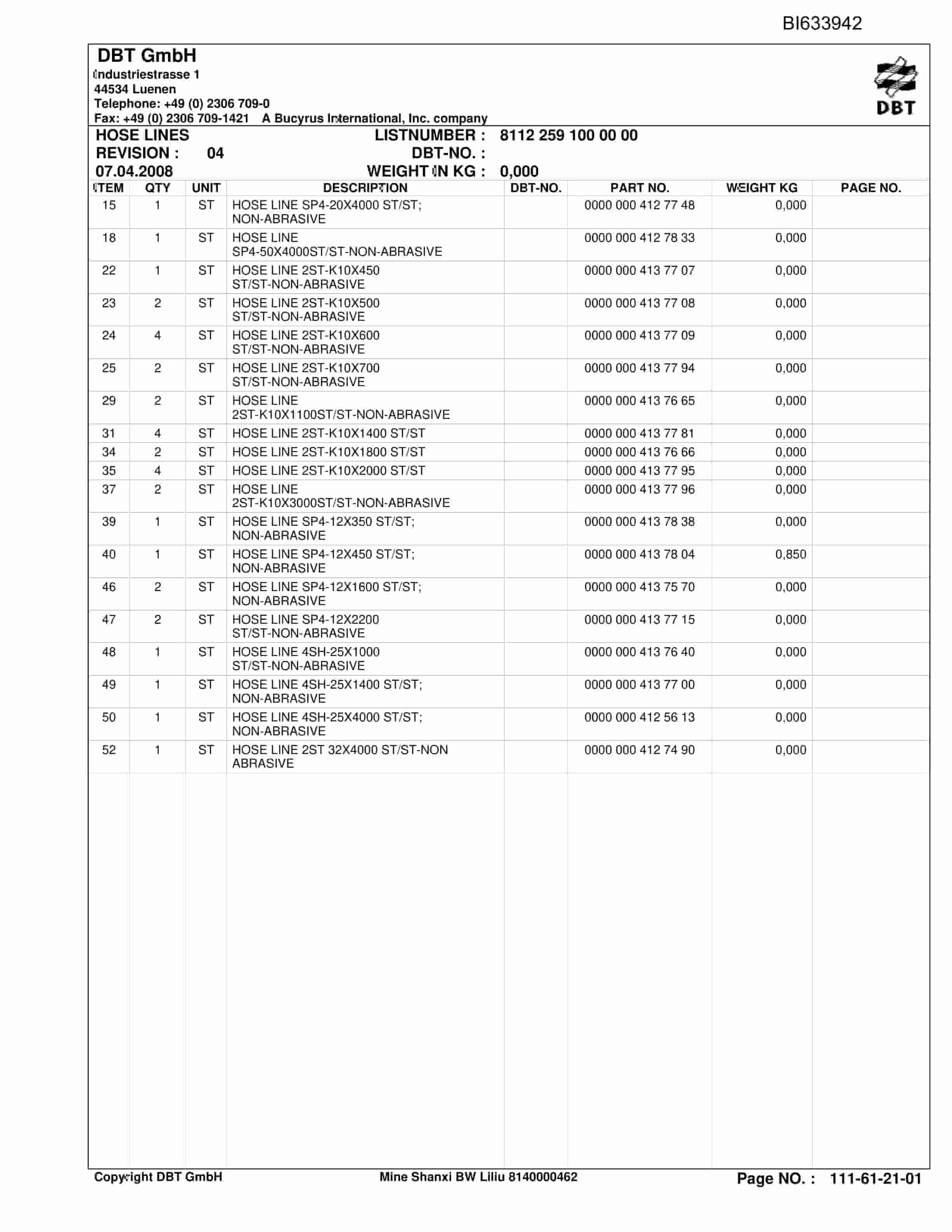 Bucyrus Mine Shanxi BW Liliu Parts Catalog BI633942-3