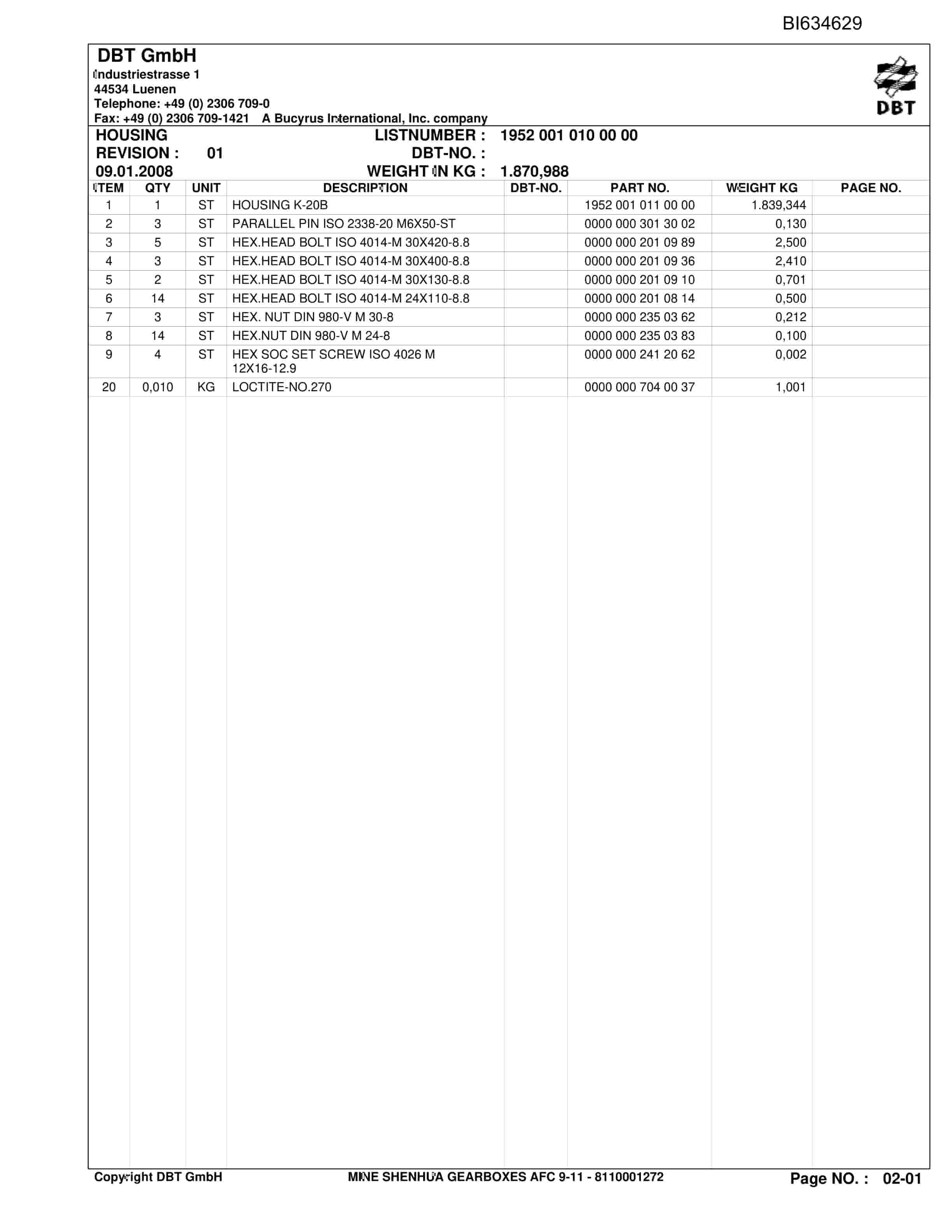 Bucyrus Mine SHENHUA GearboxES AFC Parts Catalog BI634629-2