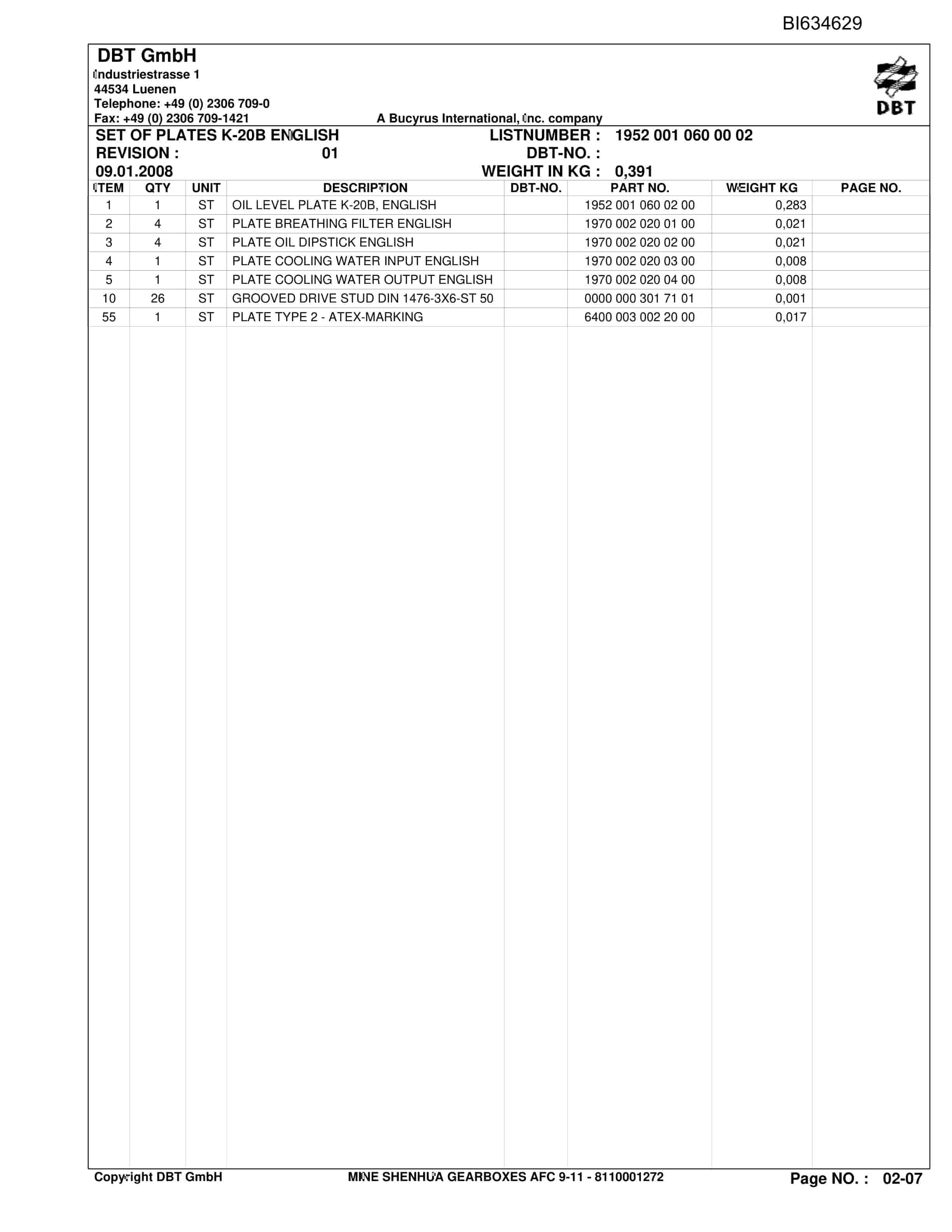 Bucyrus Mine SHENHUA GearboxES AFC Parts Catalog BI634629-3