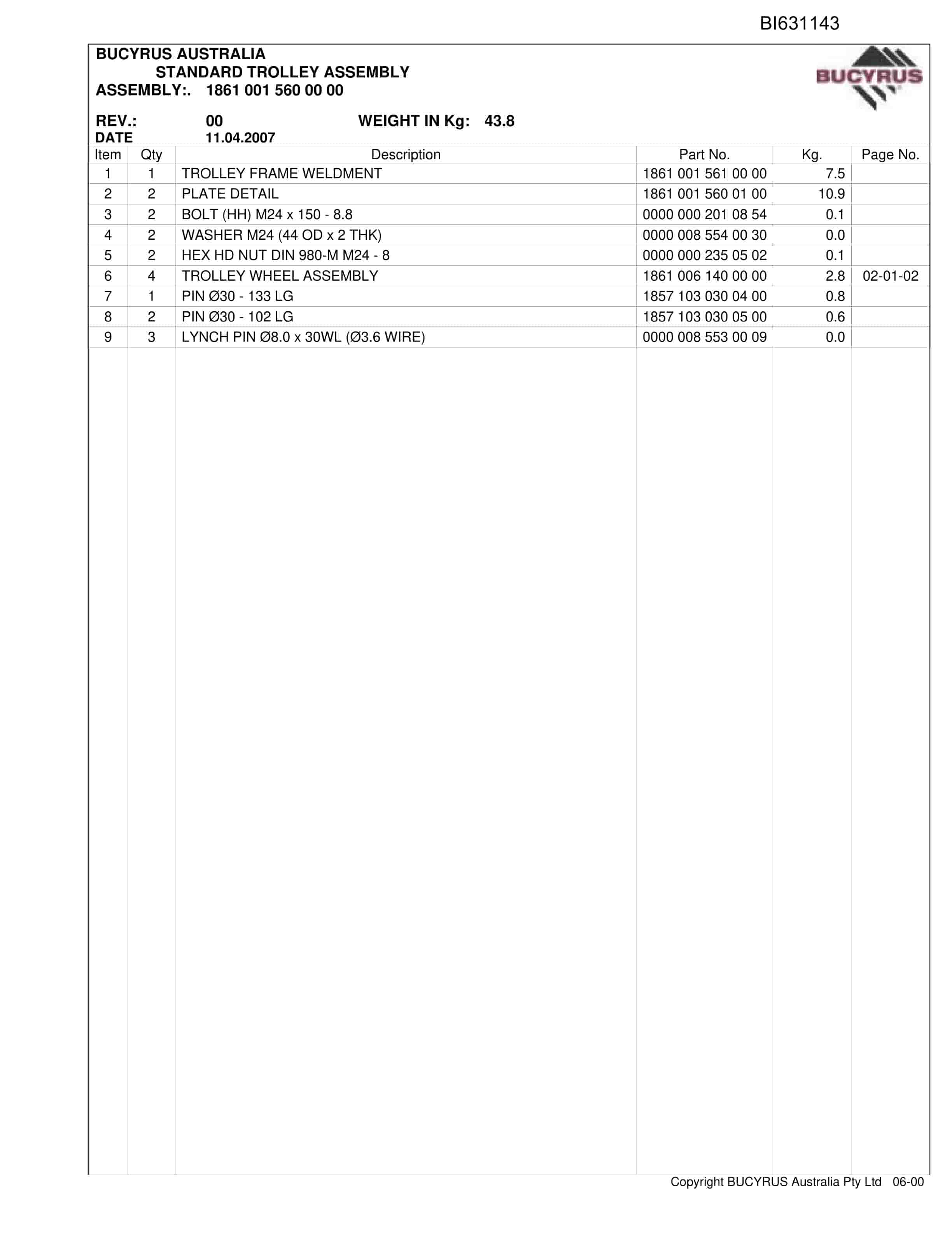 Bucyrus Monorail Broadmeadow 2009 Parts Catalog BI631143-2