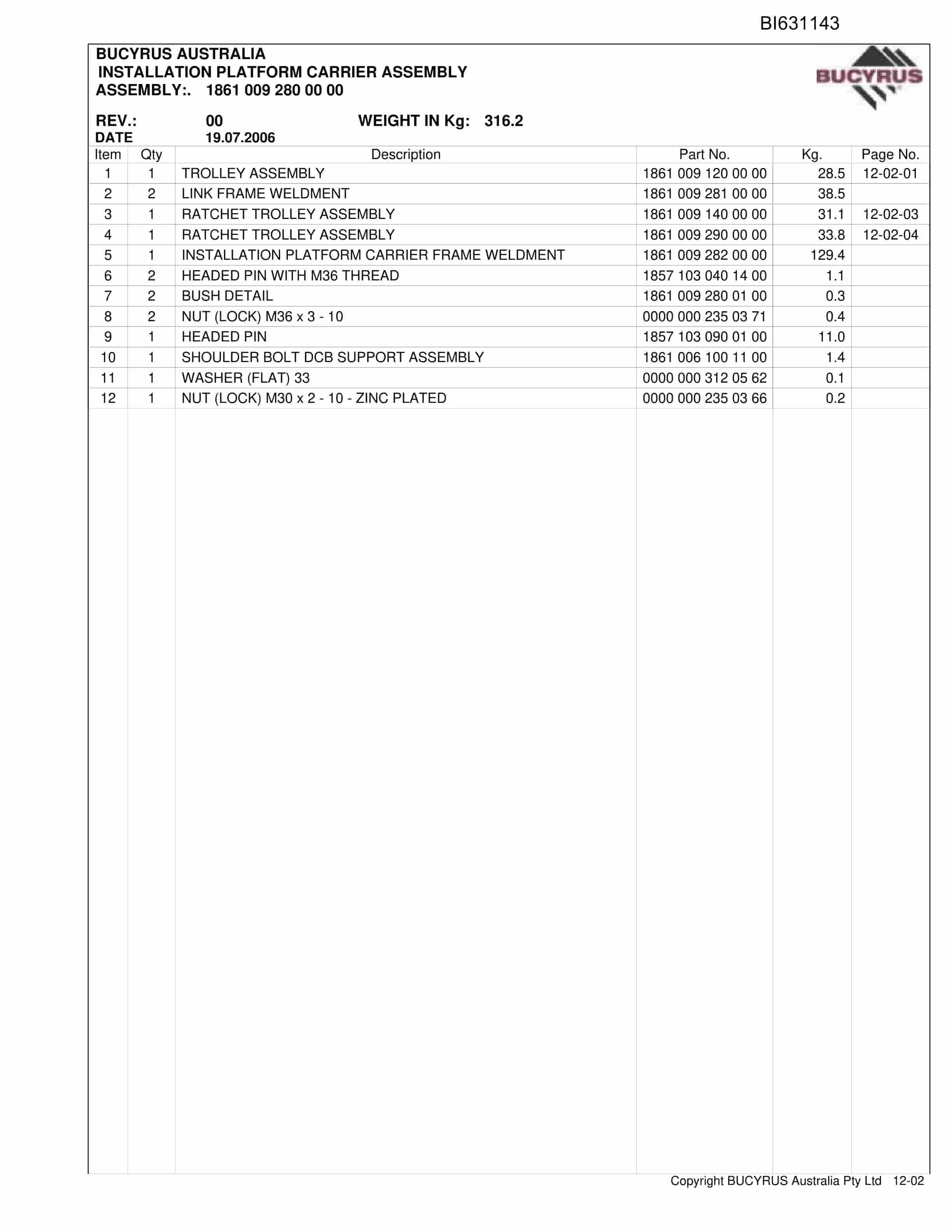 Bucyrus Monorail Broadmeadow 2009 Parts Catalog BI631143-5