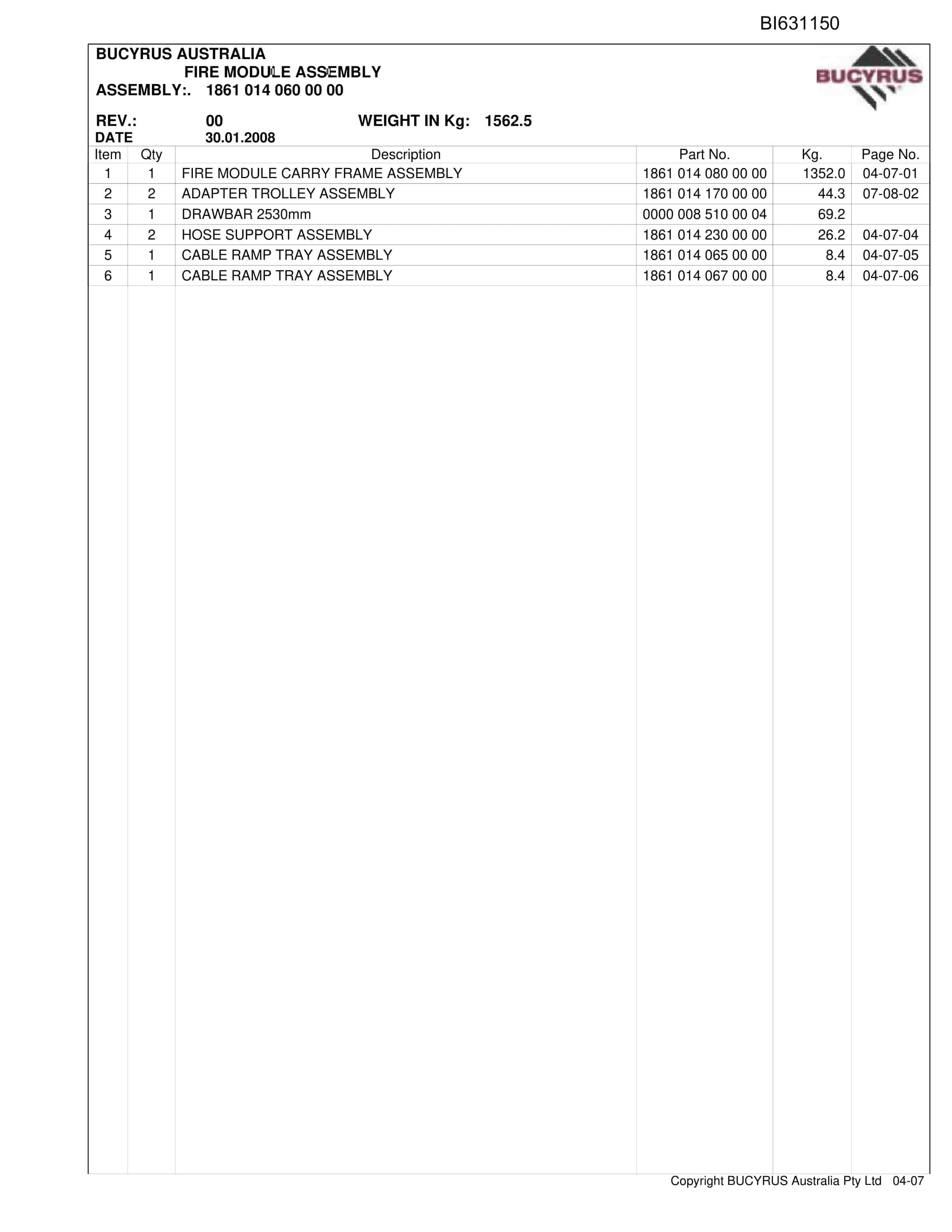 Bucyrus Monorail Ravensworth 2008 Parts Catalog BI631150-2