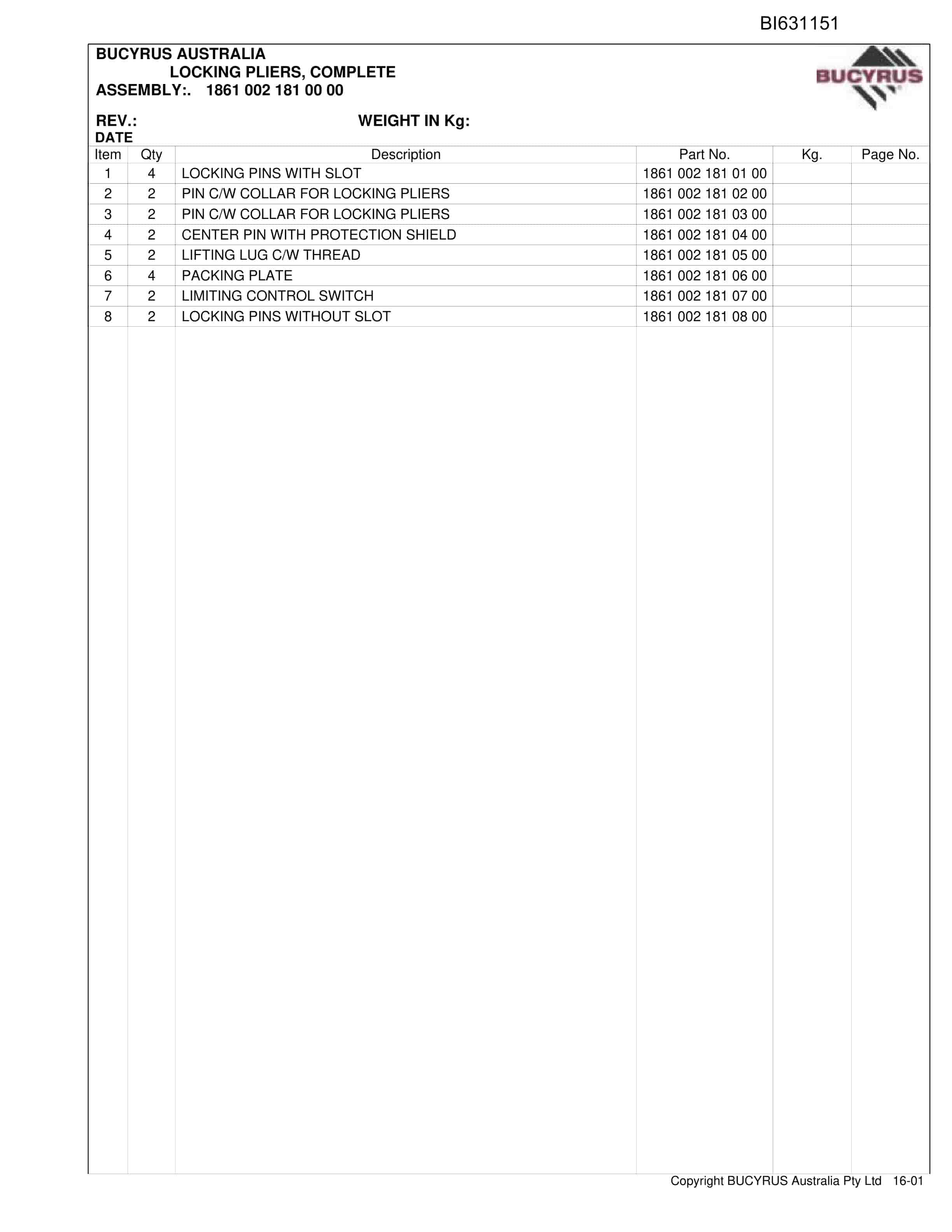 Bucyrus Monorail Springvale Parts Catalog BI631151-2
