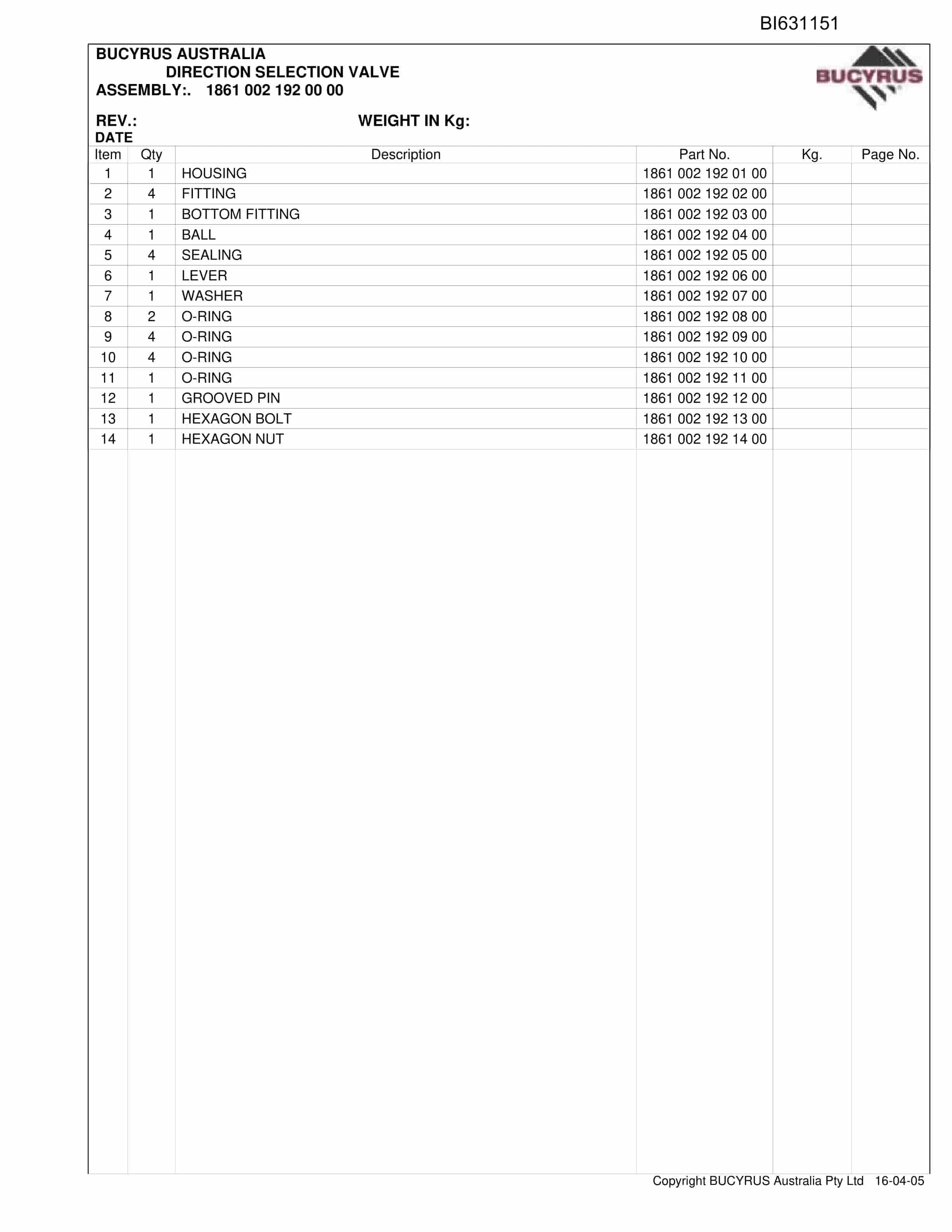 Bucyrus Monorail Springvale Parts Catalog BI631151-5