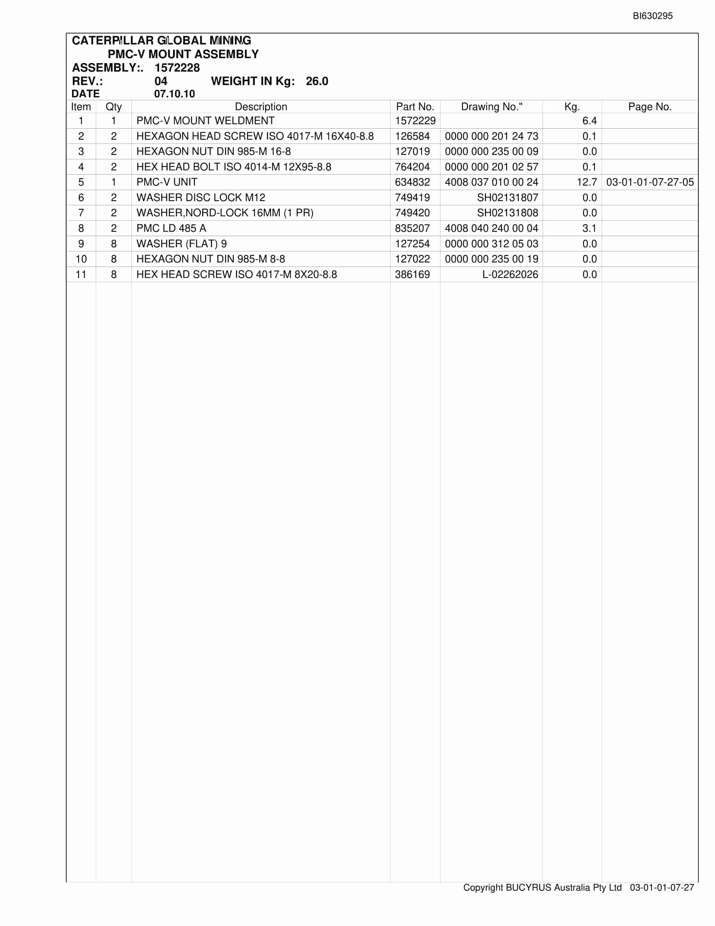 Bucyrus Narrabri AFC Parts Catalog BI630295-4