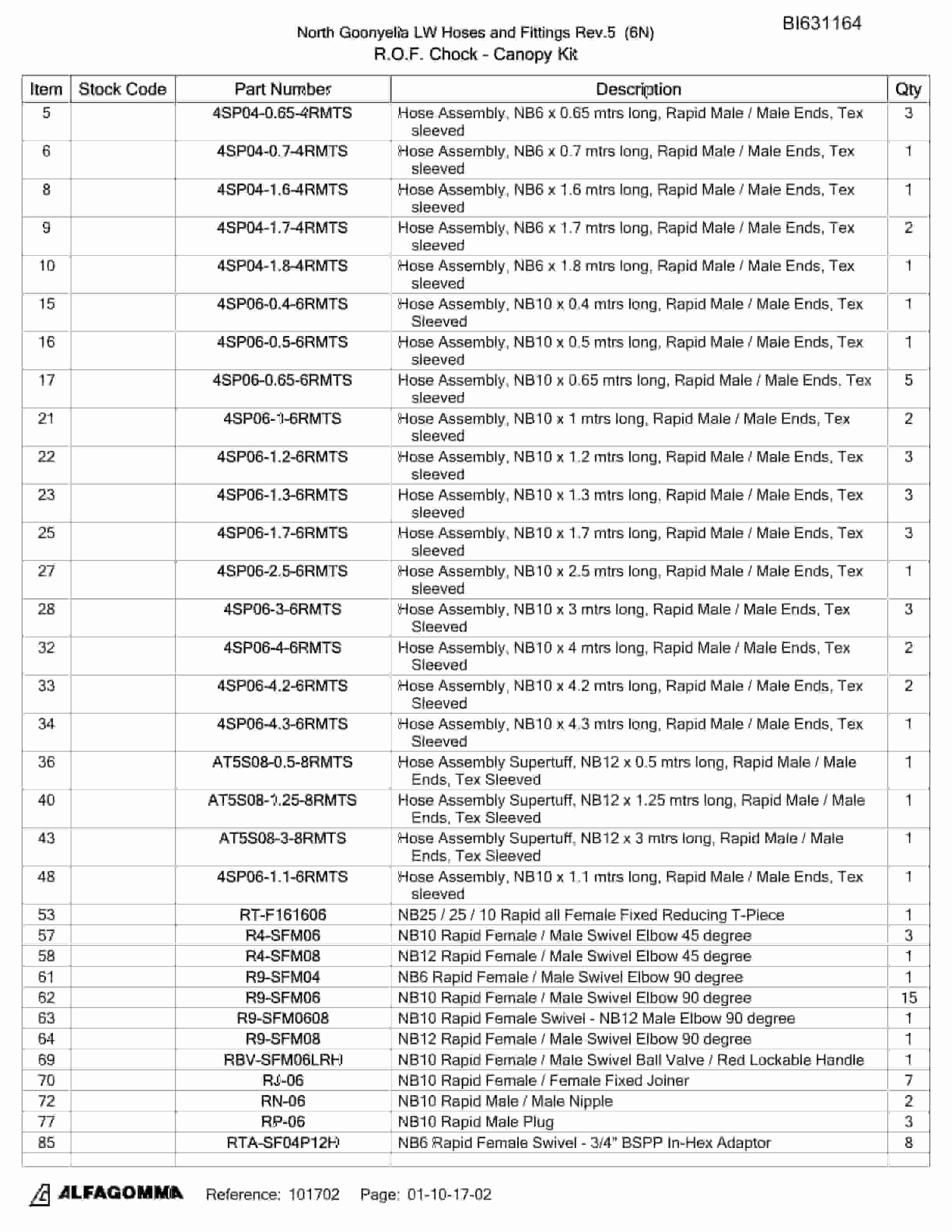 Bucyrus North Goonyella LW Hoses And Fittings Parts Catalog BI631164-4