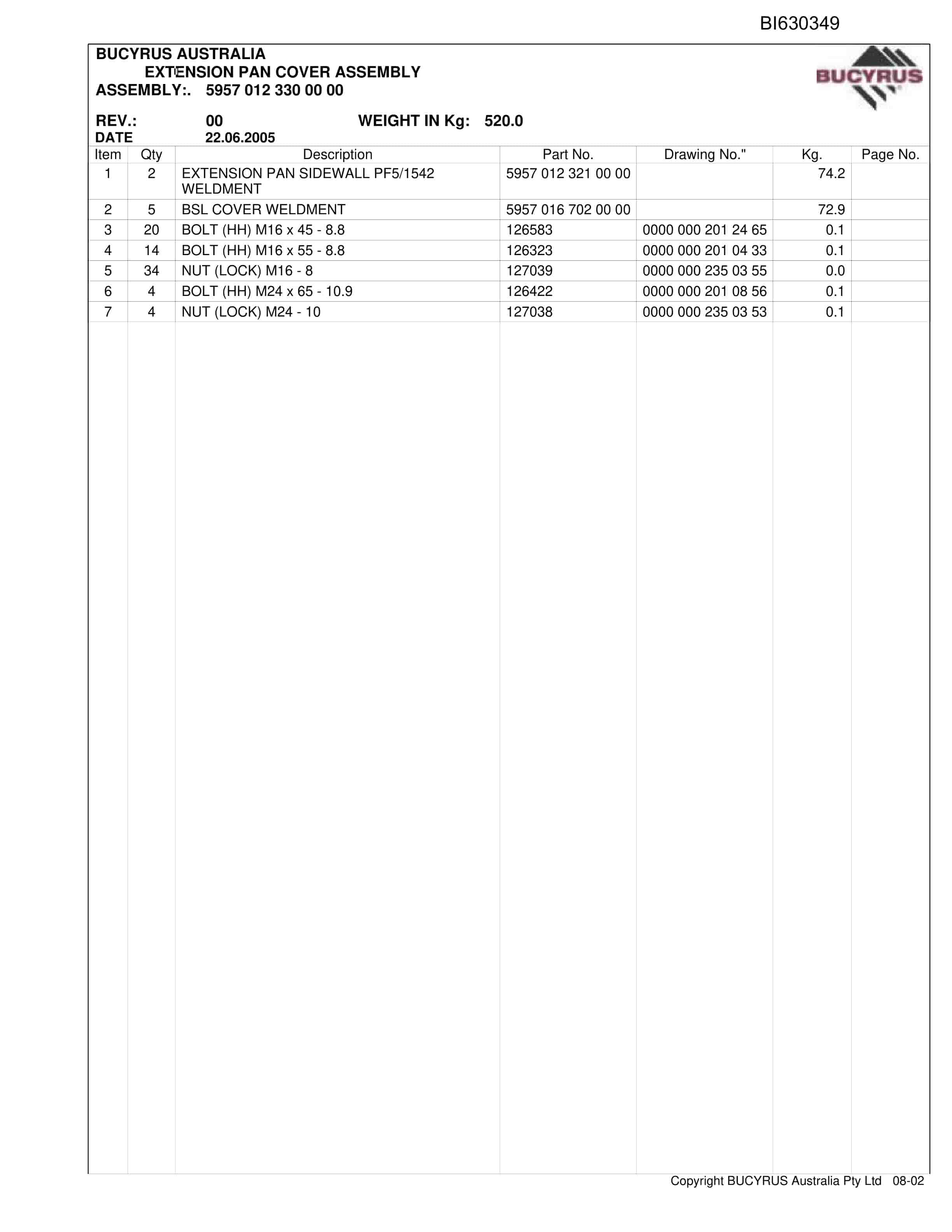 Bucyrus North Goonyella PF5 2000-1542 BSL And Bootend - 2009 Parts Catalog BI630349-2
