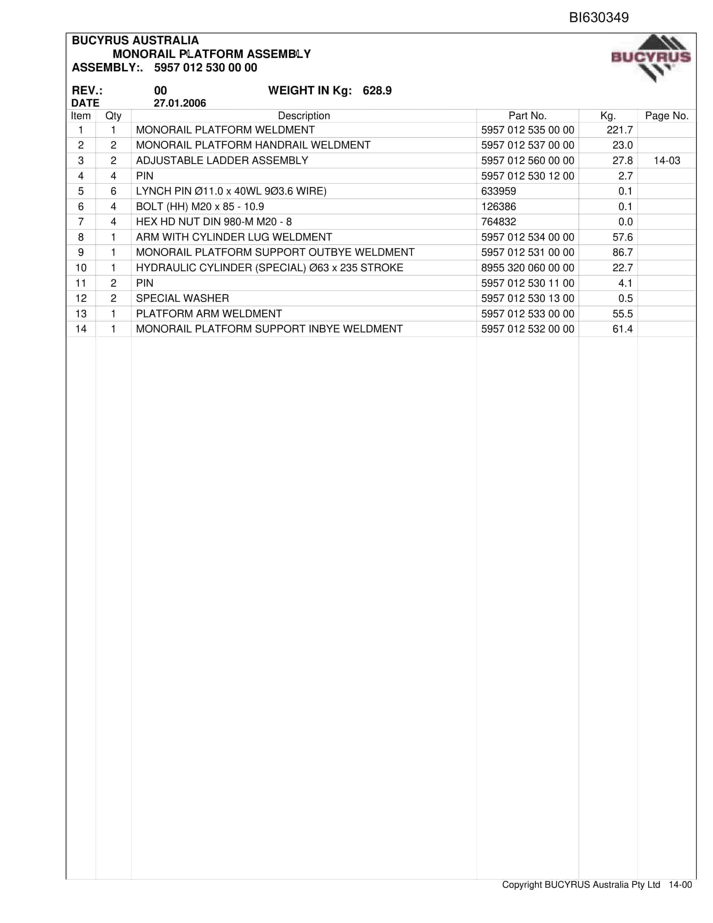 Bucyrus North Goonyella PF5 2000-1542 BSL And Bootend - 2009 Parts Catalog BI630349-5