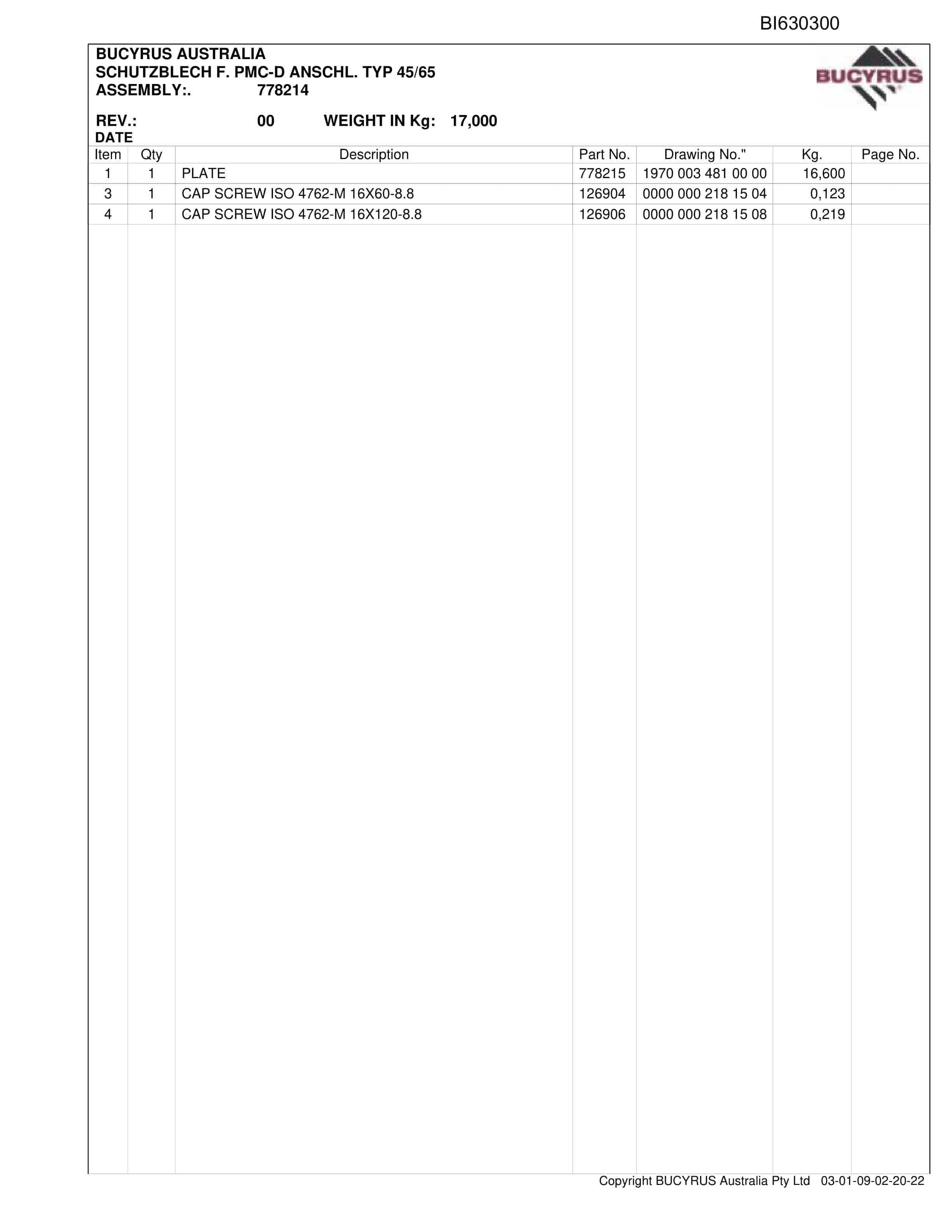 Bucyrus Oaky Creek AFC Set 81 2011 Parts Catalog BI630300-4