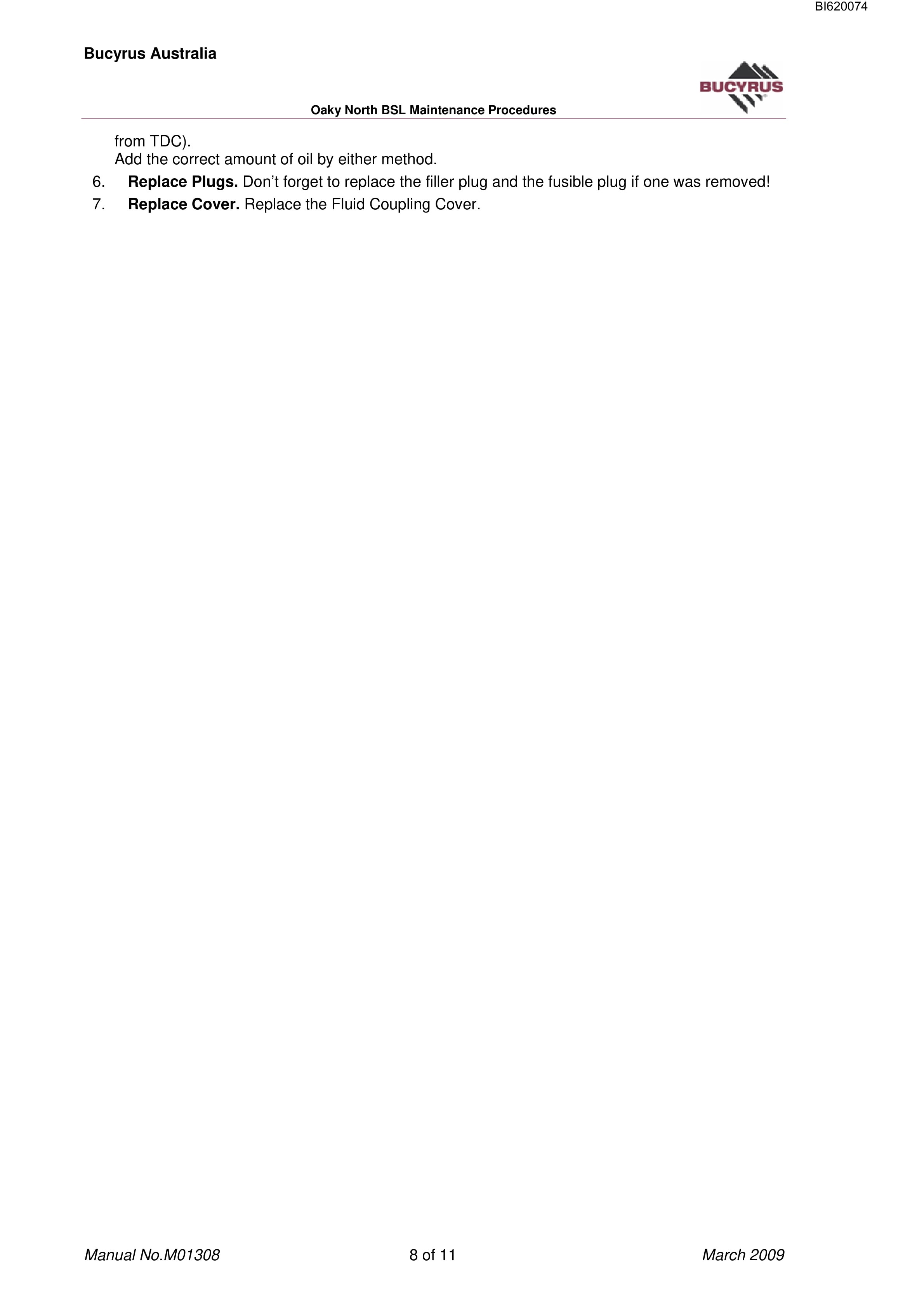 Bucyrus Oaky North BSL Maintenance Procedures Technical Manual BI620074-3