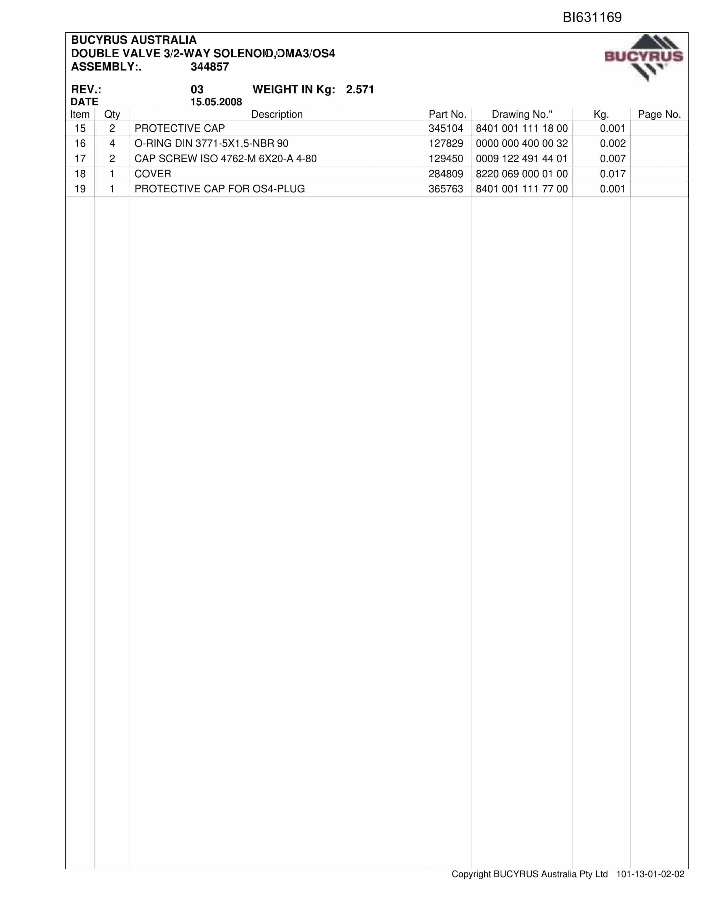 Bucyrus Oaky North Shields Low - High Seam 2008 Parts Catalog BI631169-5