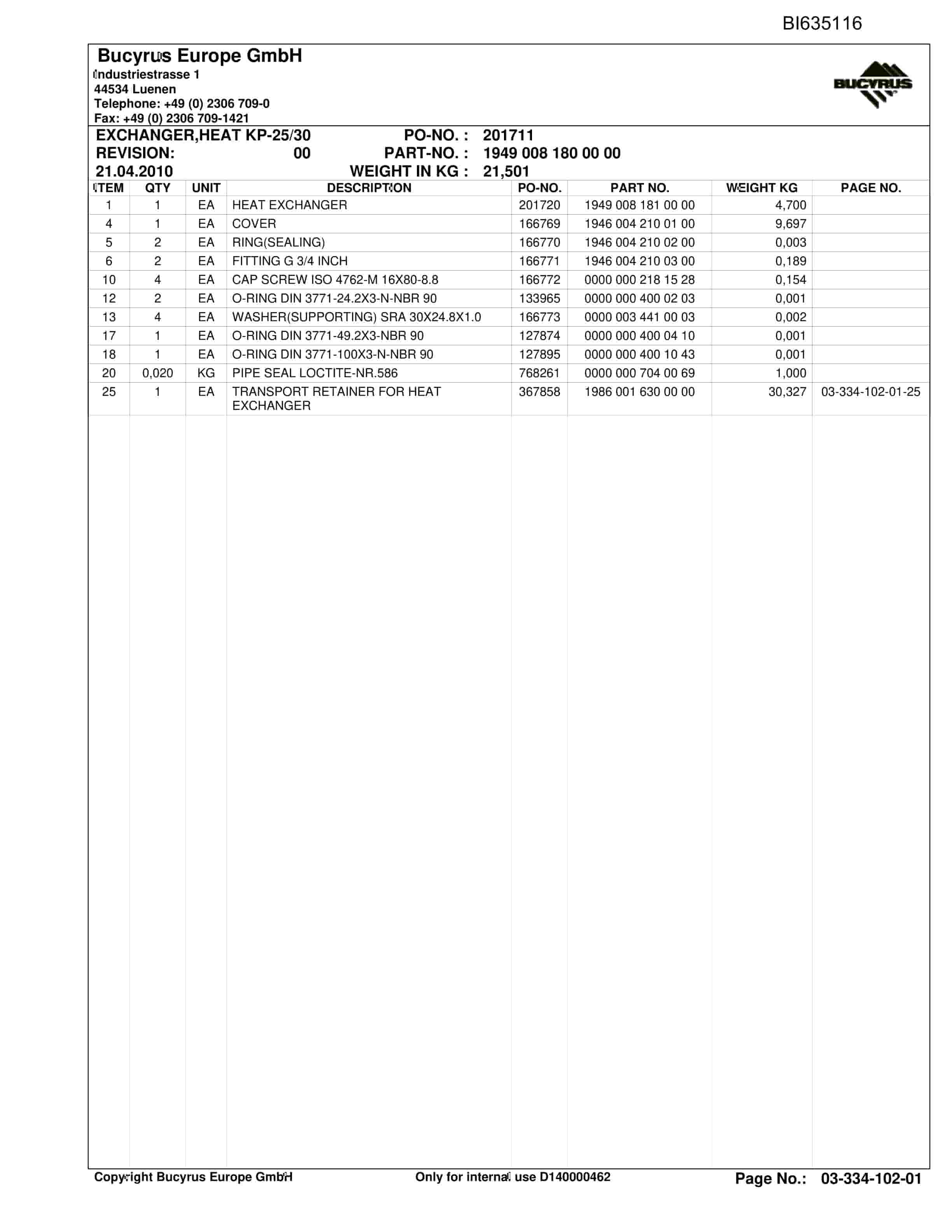 Bucyrus OBJ. CHINA SHANXI LILIU, RHH PlowSystem Parts Catalog BI635116-3
