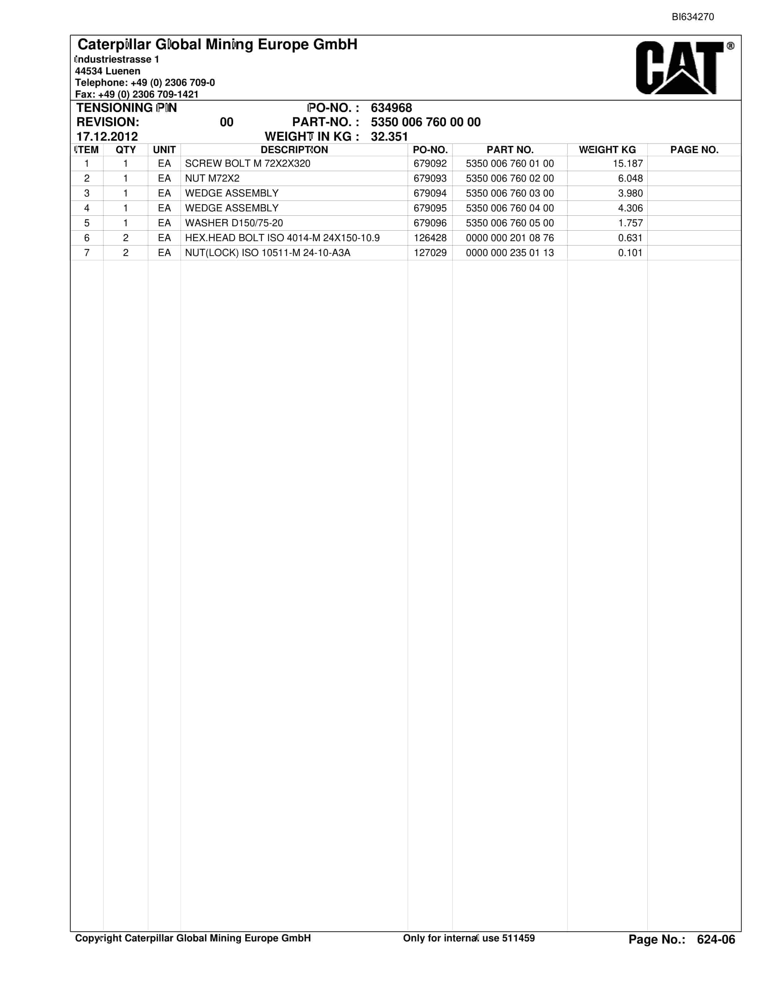 Bucyrus OBJ.CN, DATONG TASHAN 7, Stationary BSL Parts Catalog BI634270-2