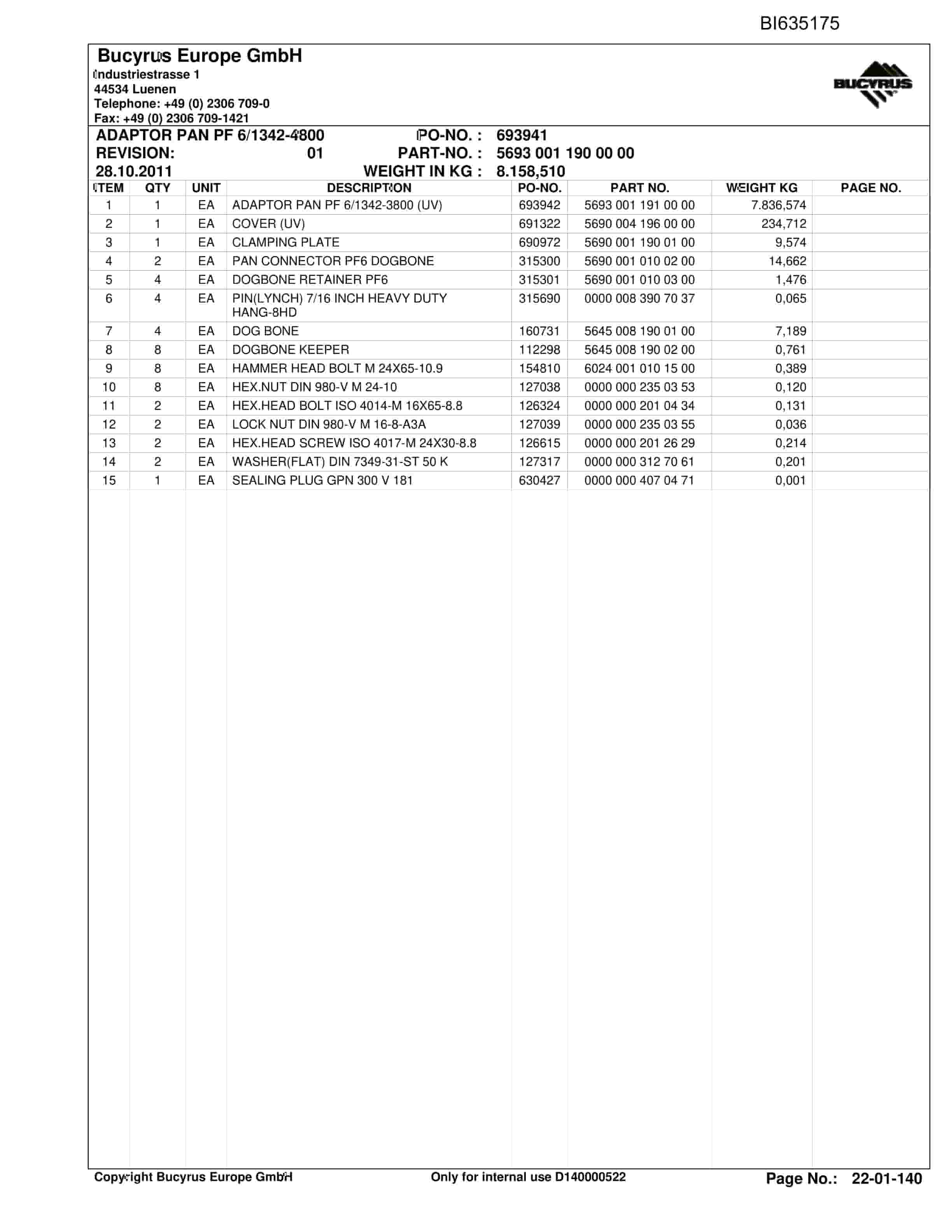 Bucyrus OBJ.CN.DONGZHOUYAO II Shearer System Parts Catalog BI635175-4