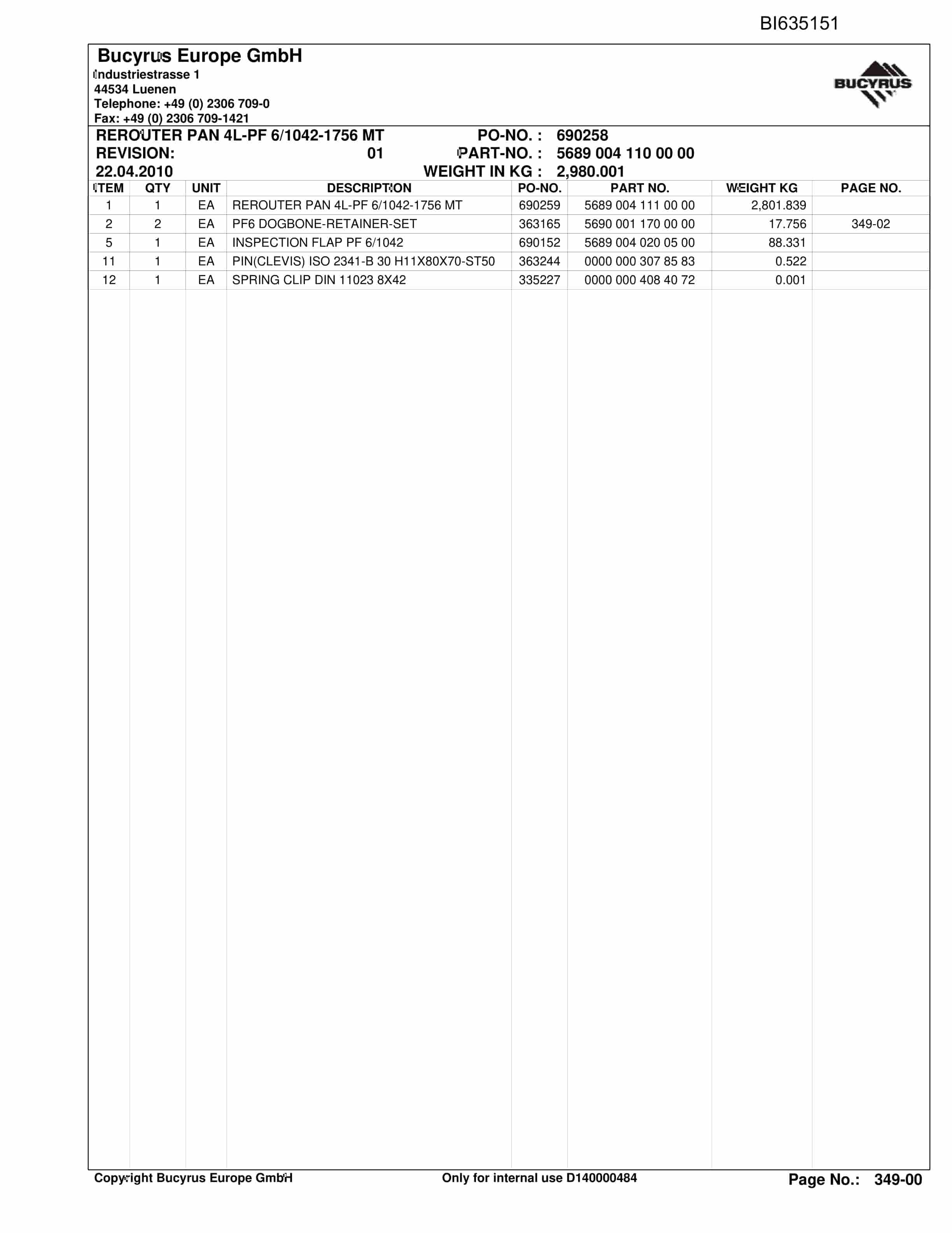 Bucyrus OBJ.CZ BW CSM II HS.SH-Conveyor PF6-1042 Parts Catalog BI635151-3