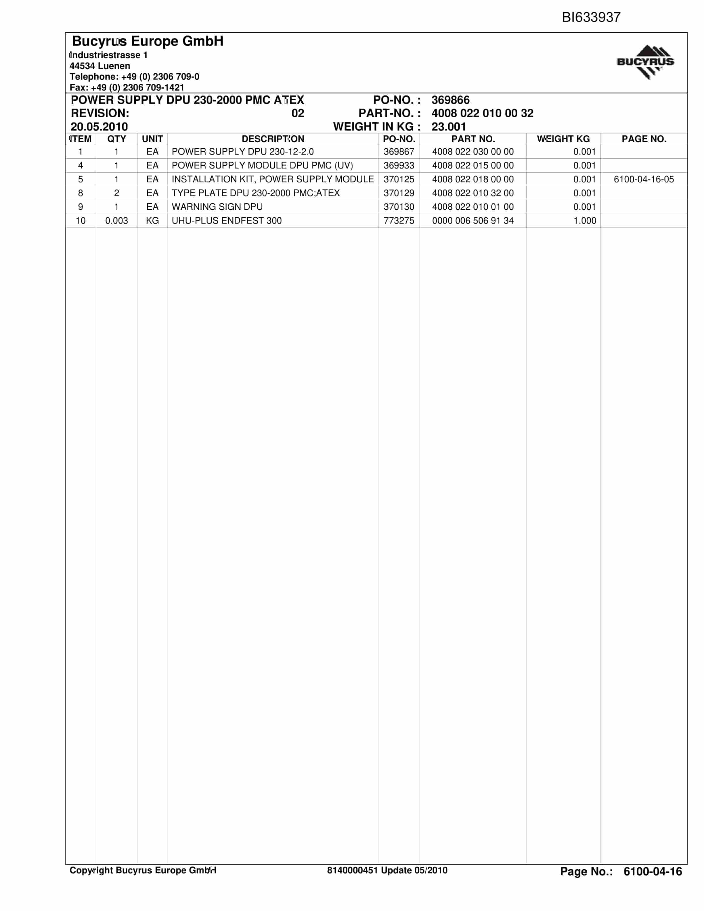 Bucyrus OBJ.CZ.CSM Shearer Parts Catalog BI633937-4